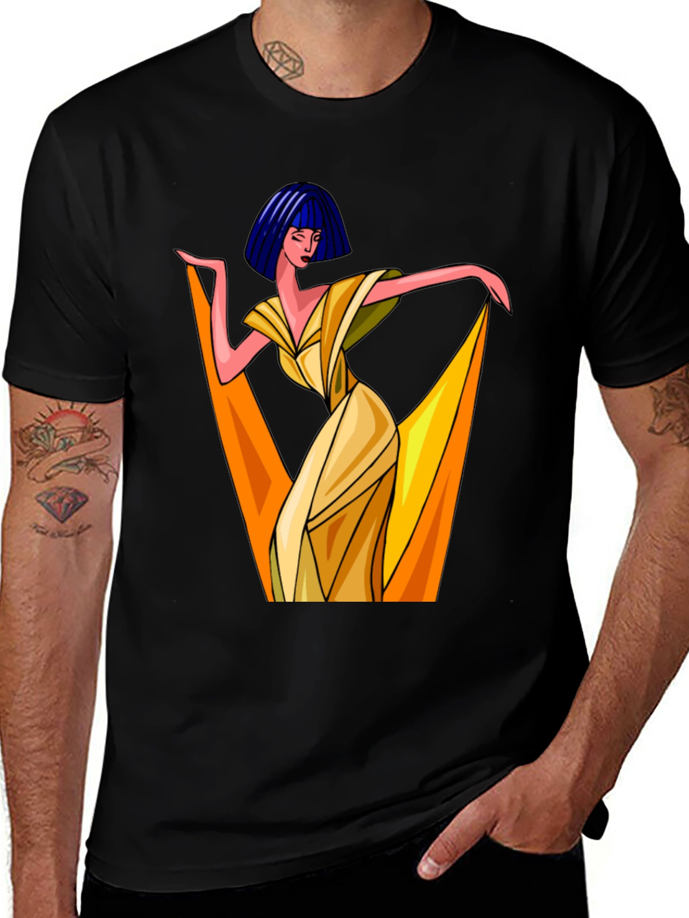 Black Art Deco Woman Graphic Tee - Stylish Black T-Shirt main image