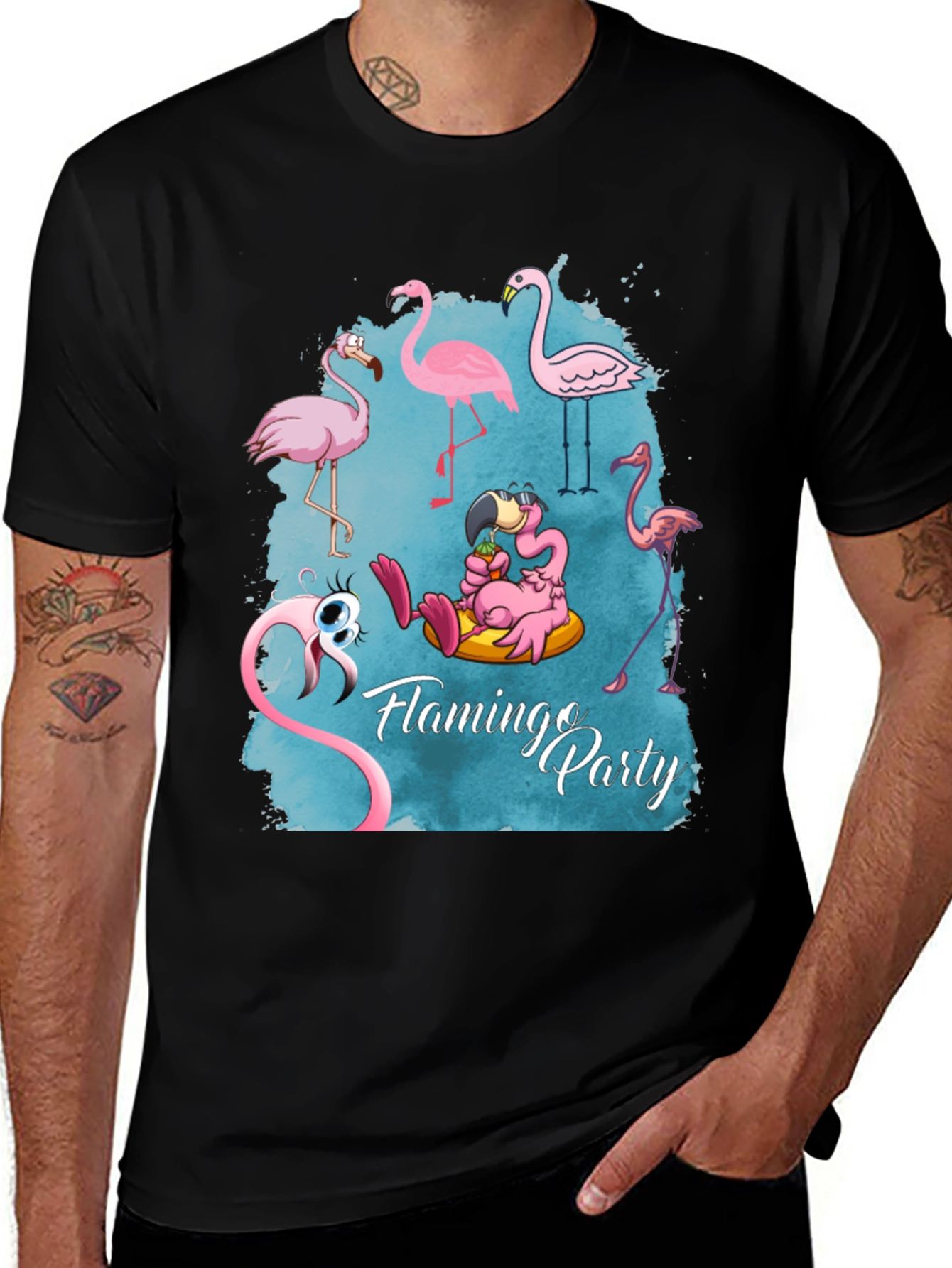 Variant 18 of Flamingo Party Graphic Tee - Men's Black T-Shirt