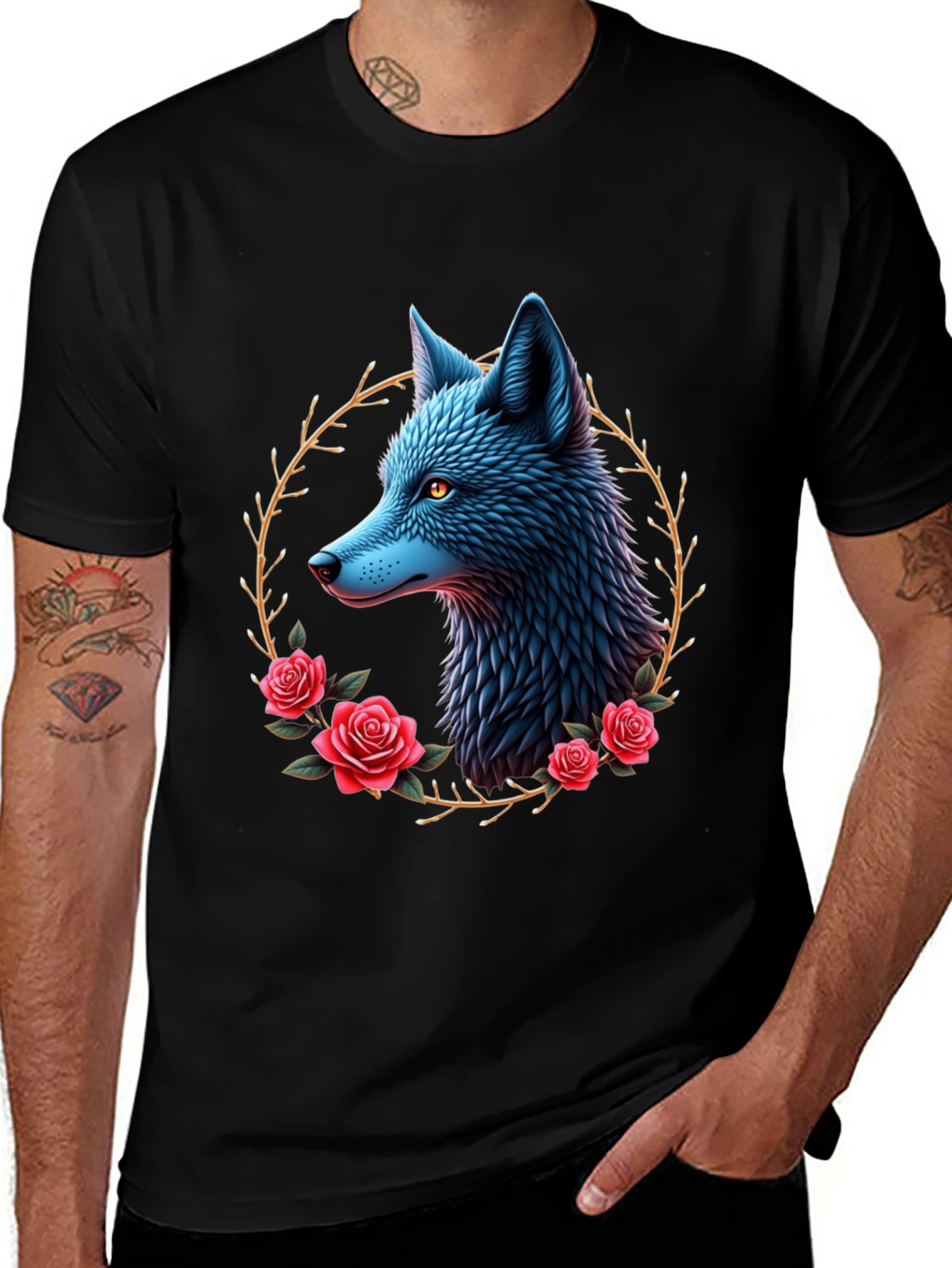 Variant 9 of Blue Wolf Floral Wreath Graphic Tee