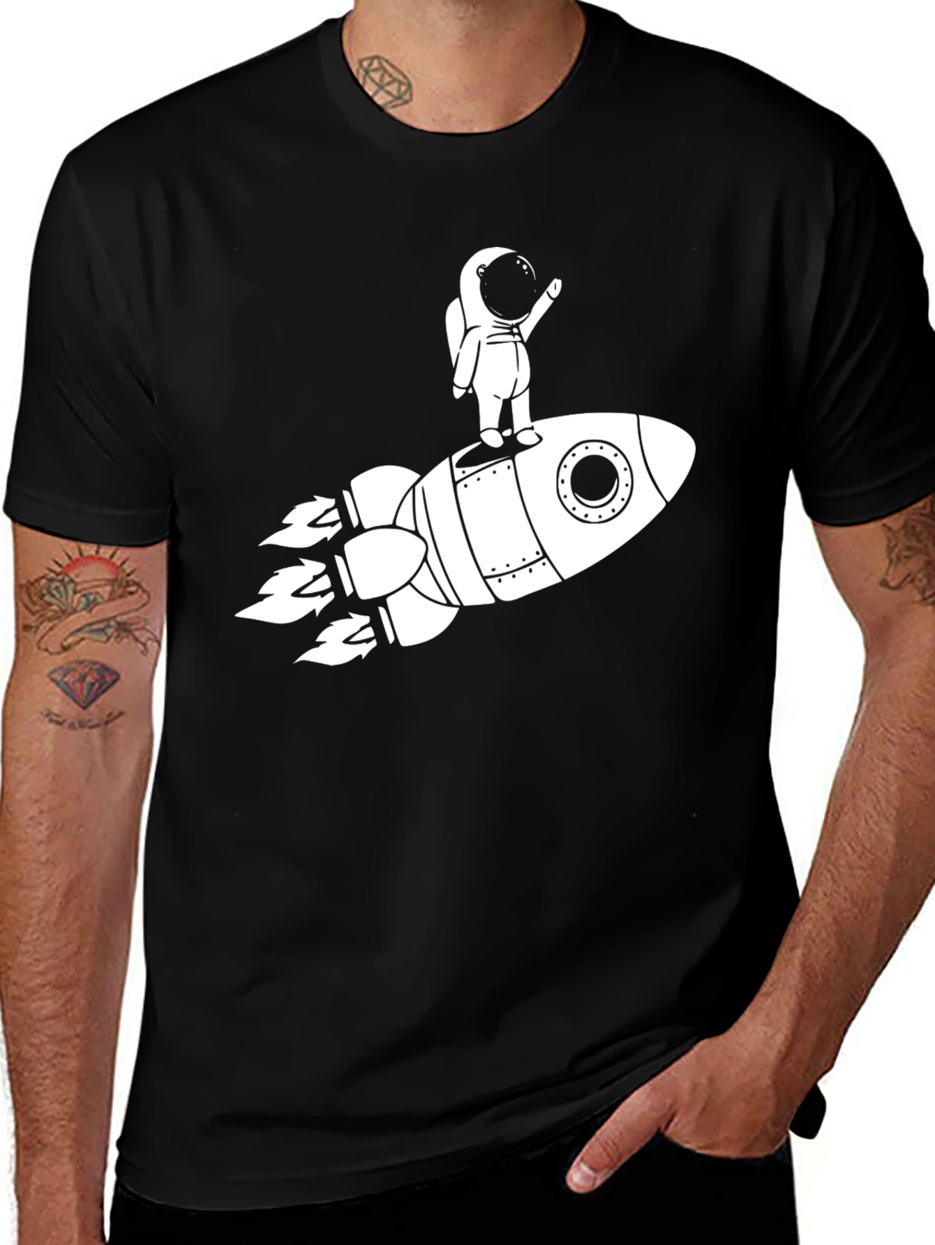 Variant 30 of Astronaut on Rocket Graphic Tee - Black Cotton Blend
