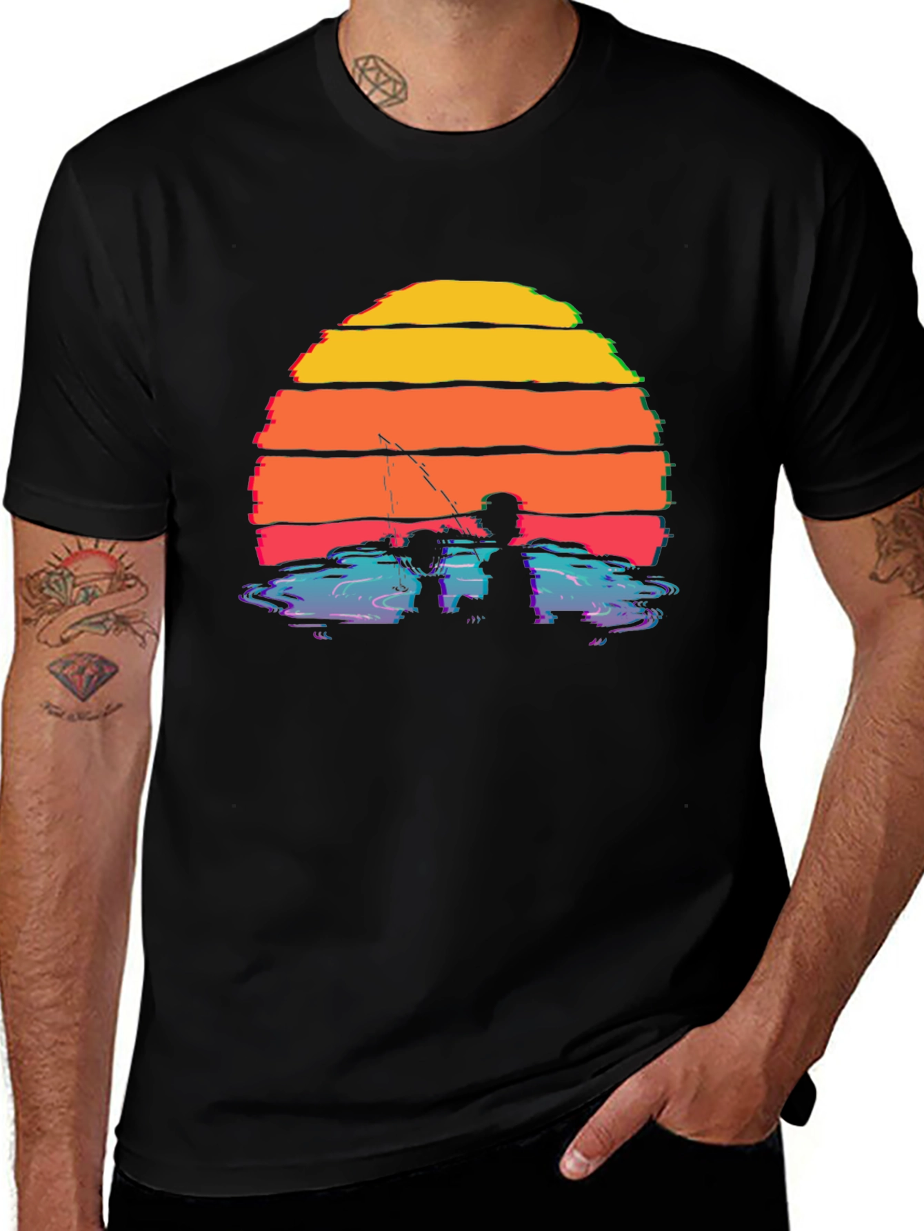 Black Sunset Fishing Silhouette T-Shirt main image