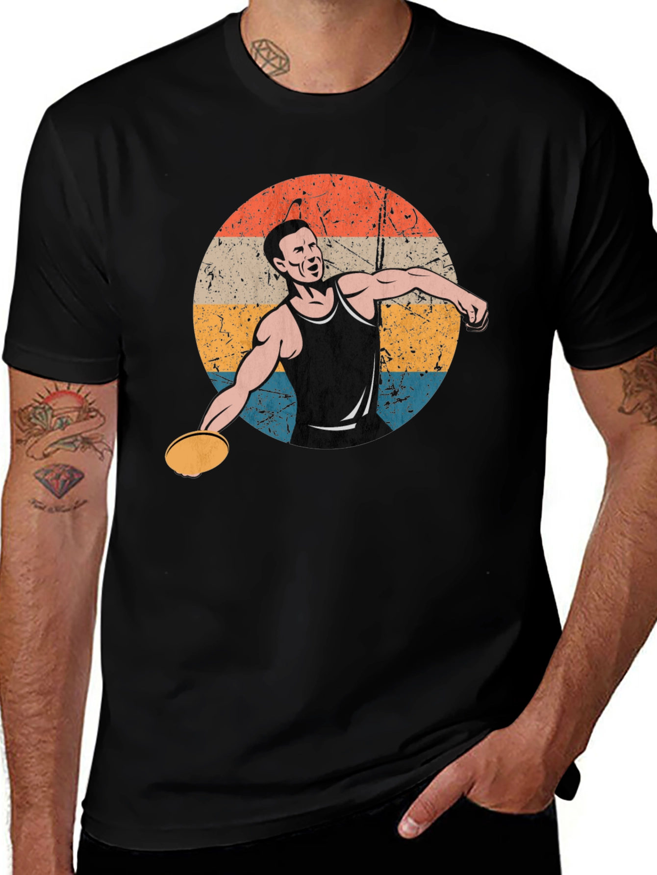 Retro Discus Thrower Graphic Tee - Black Cotton T-Shirt