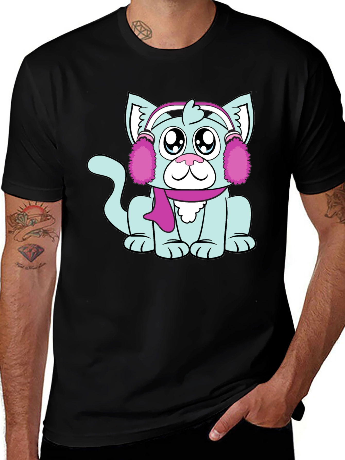 Variant 7 of Cartoon Cat with Earmuffs Graphic T-Shirt