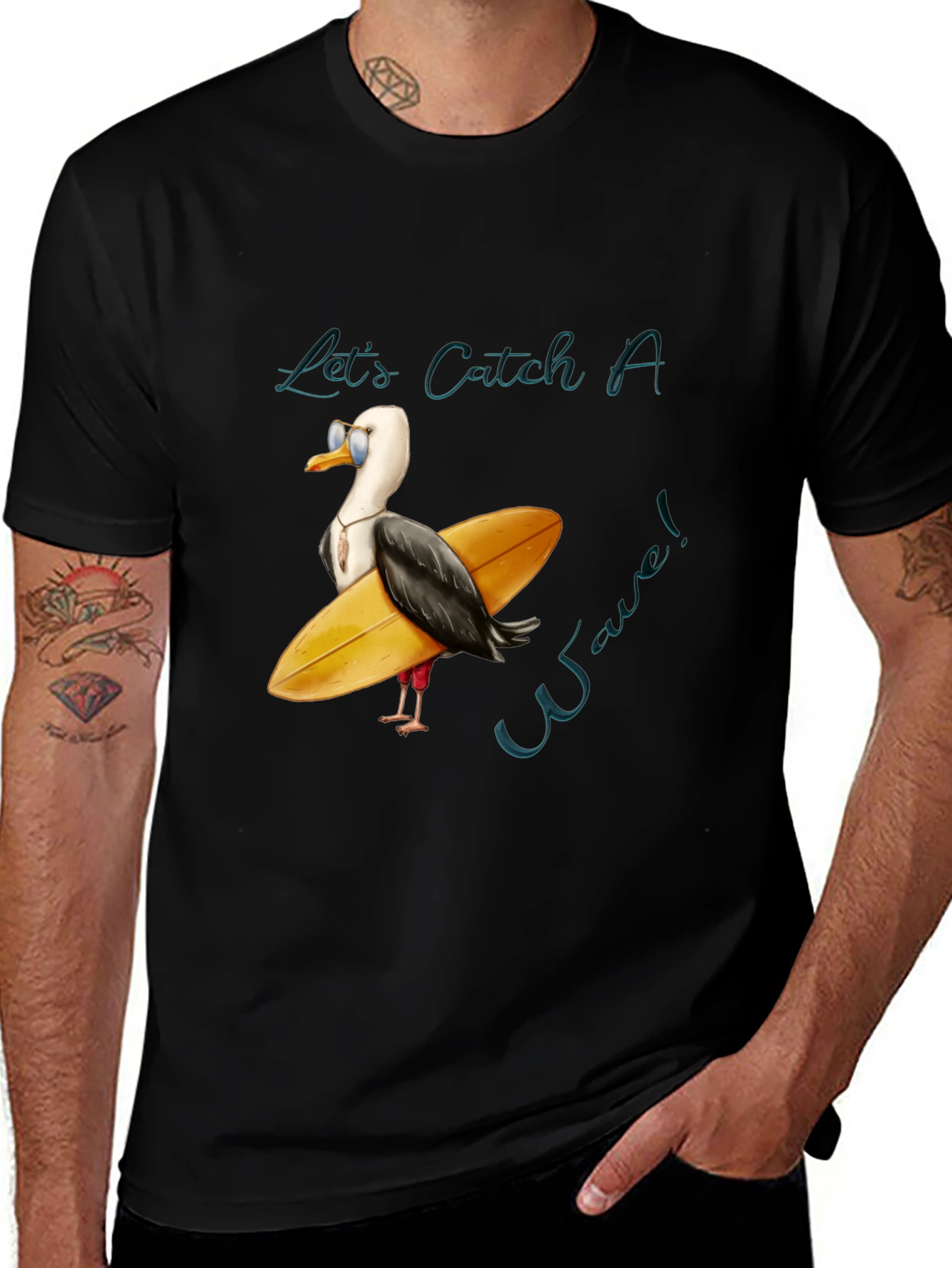 Catch A Wave Tee: Surfer Seagull Graphic T-Shirt