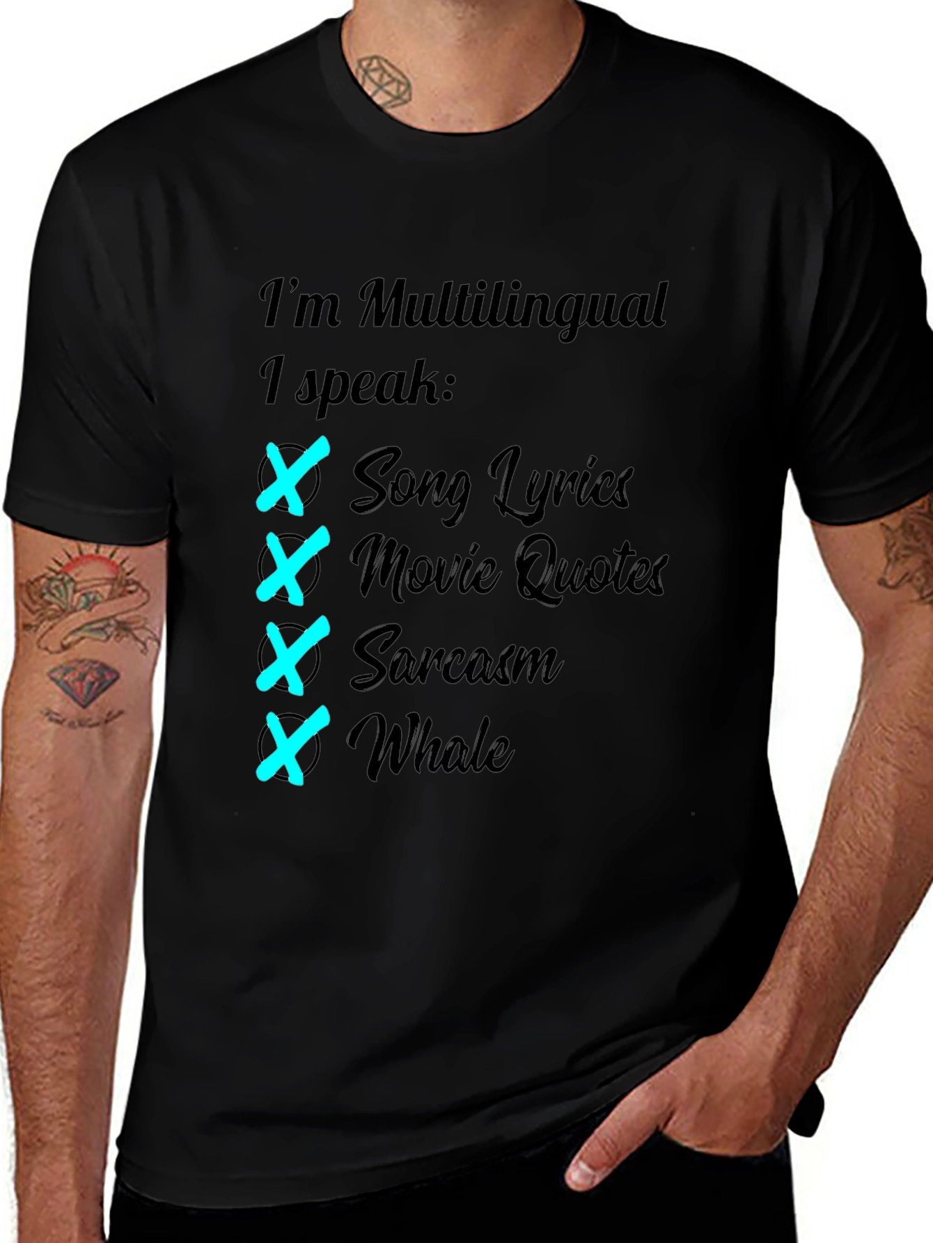 Variant 20 of Multilingual T-Shirt: Song Lyrics, Movie Quotes, Sarcasm, Whale