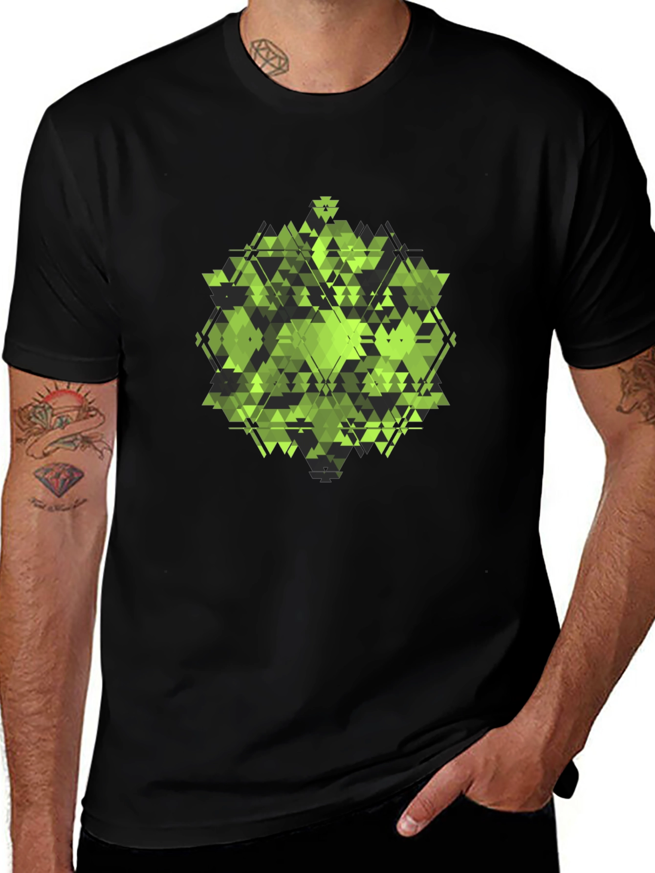Variant 19 of Geometric Green Triangle Pattern Black T-Shirt