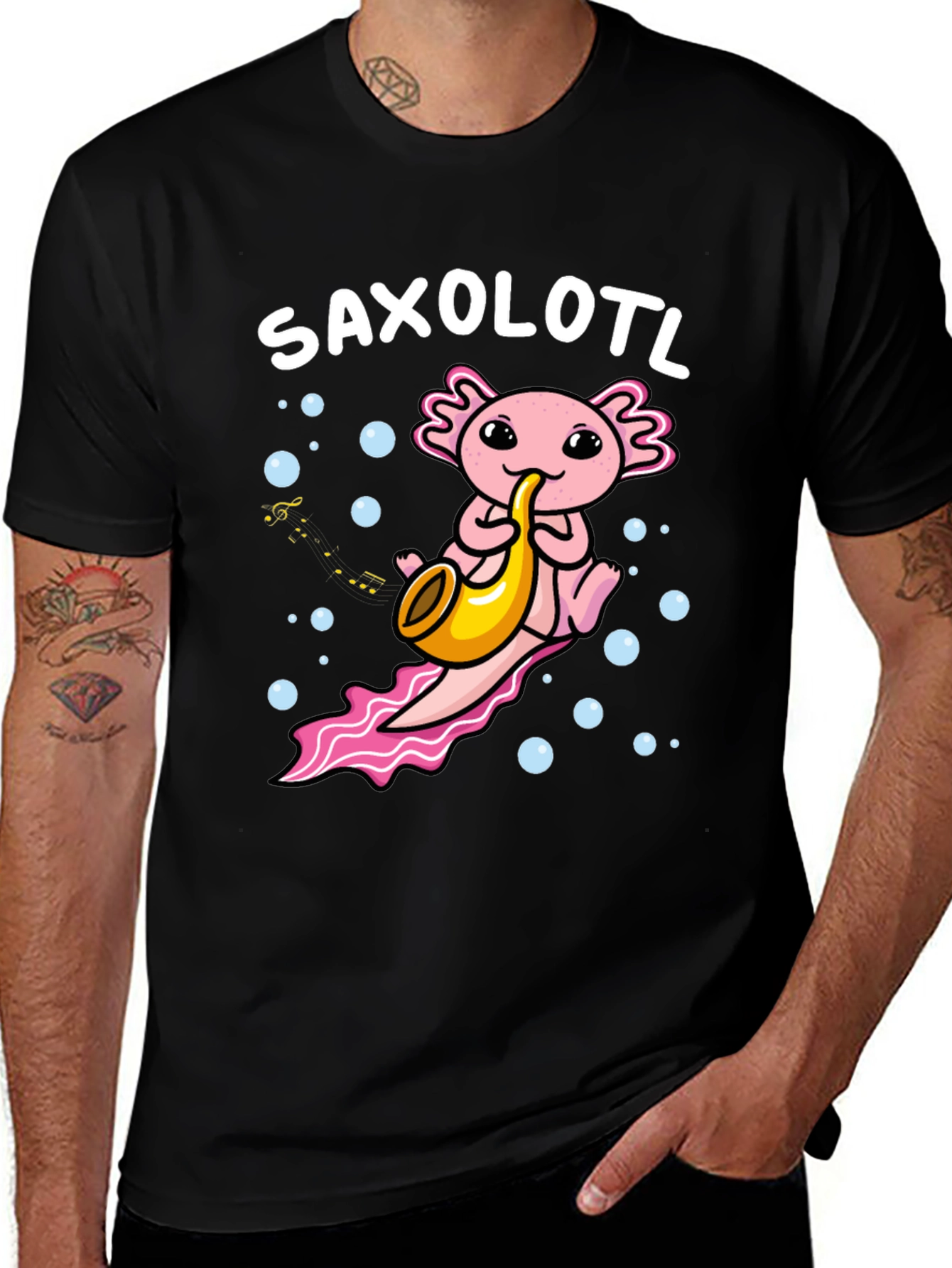 Saxolotl Graphic T-Shirt: Musical Axolotl Design