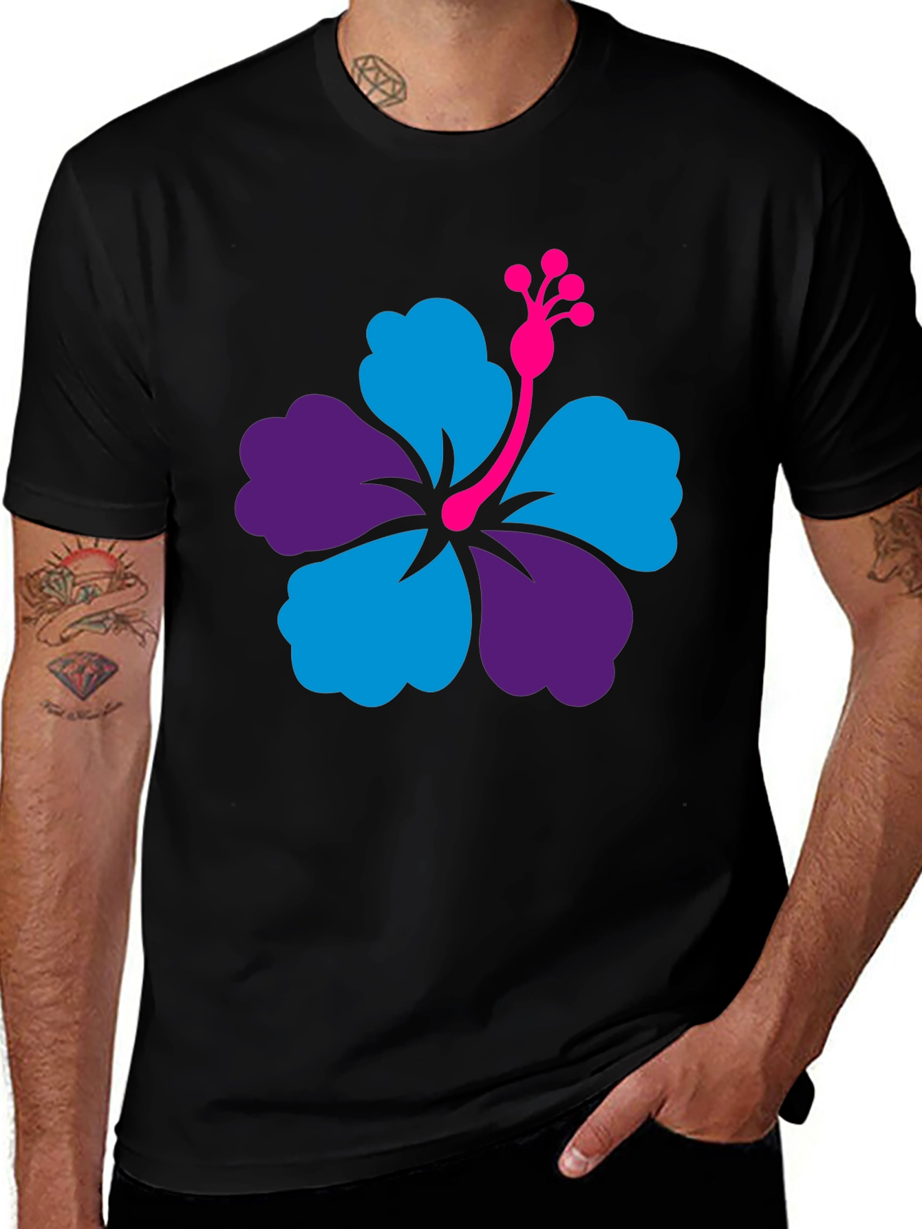 Variant 14 of Hibiscus Flower Graphic Tee - Casual Black T-Shirt