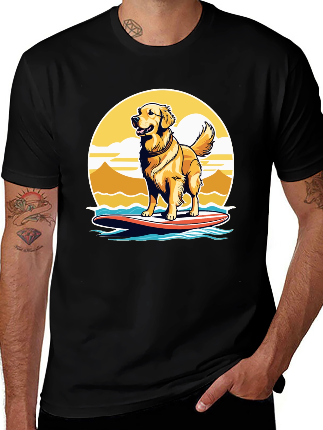 Variant 21 of Surfing Dog Graphic Tee - Golden Retriever on Surfboard