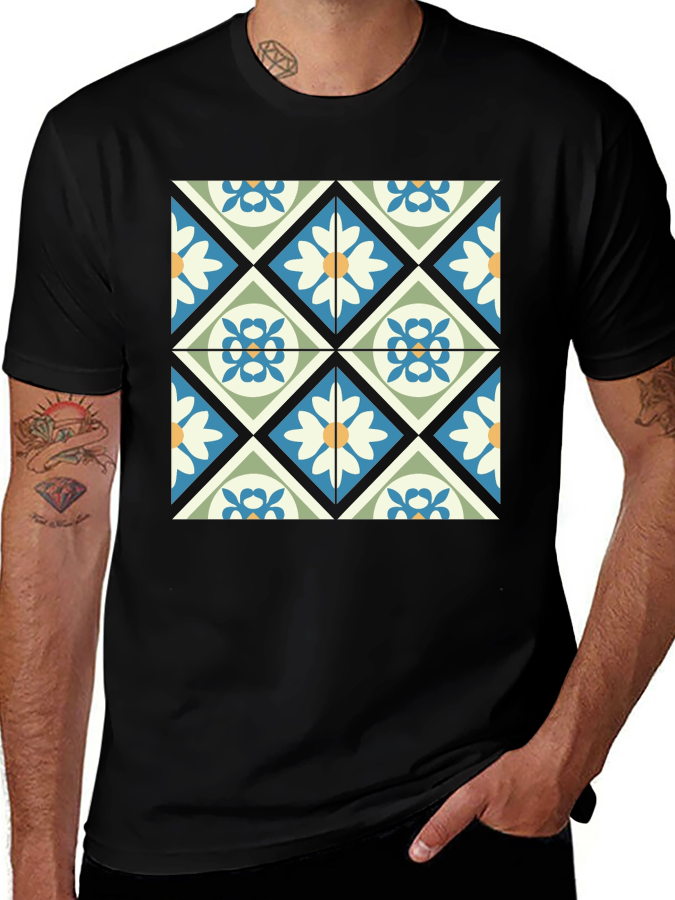 Floral Patterned Tile Design Black T-Shirt