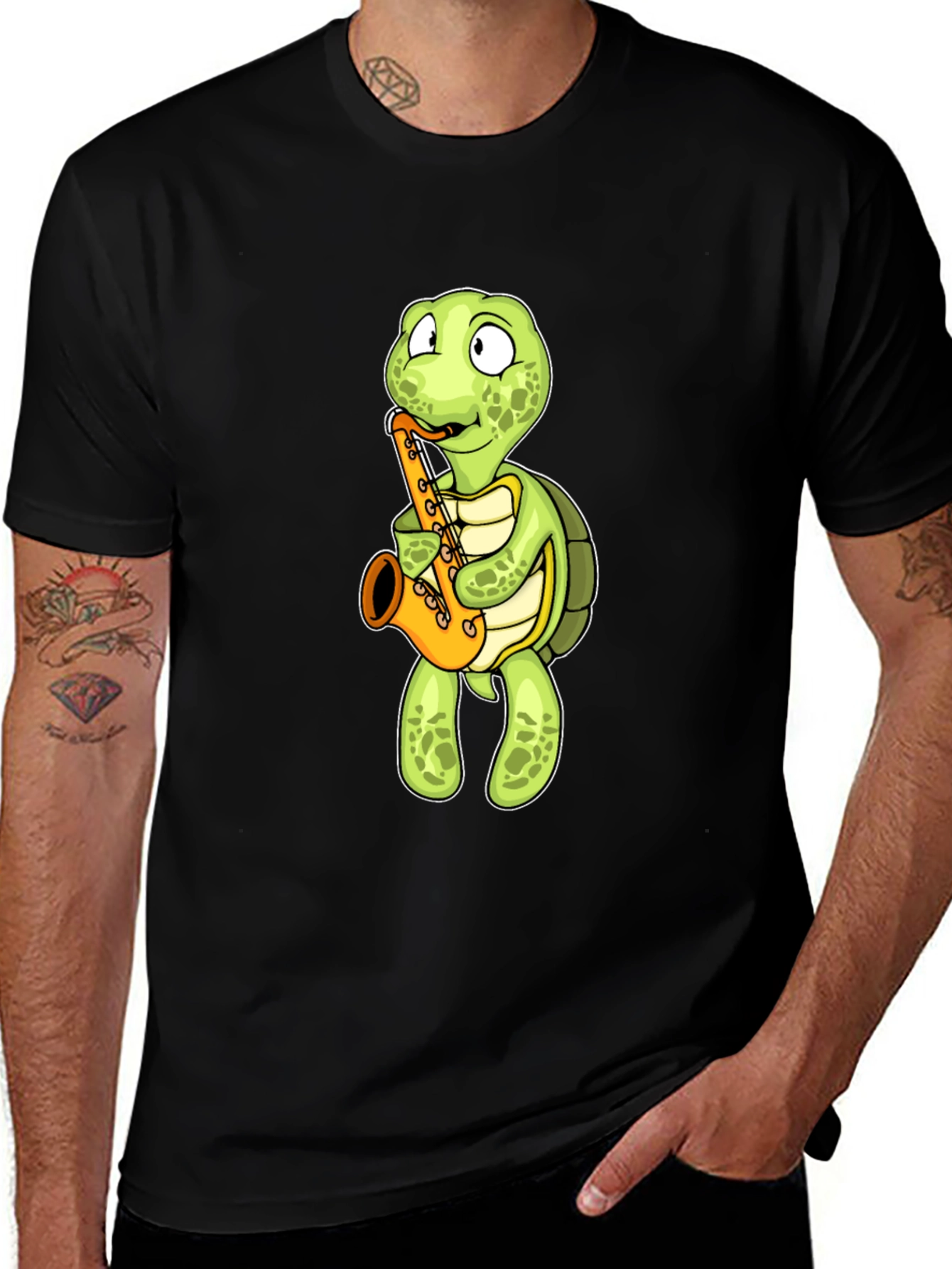 Variant 23 of Turtle Saxophone T-Shirt - Black Cotton Tee