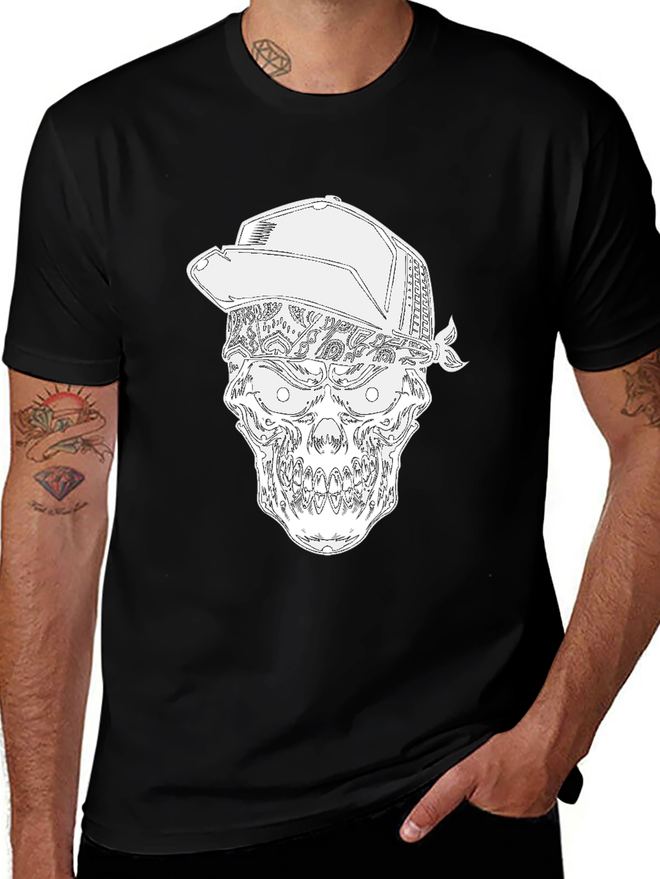 Skull in Bandana & Cap Graphic T-Shirt