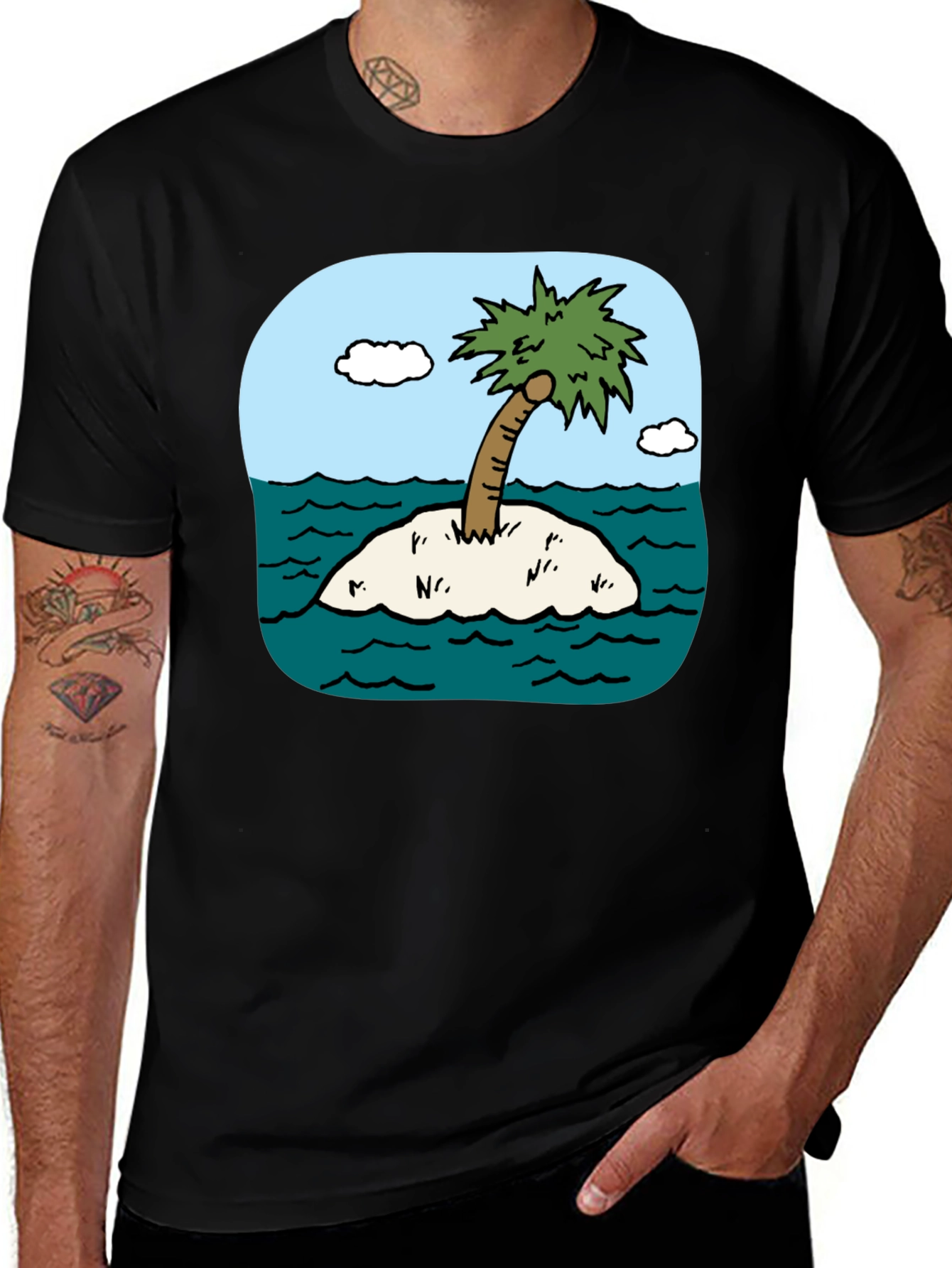 Variant 27 of Island Palm Tree Graphic Tee - Black Cotton T-Shirt