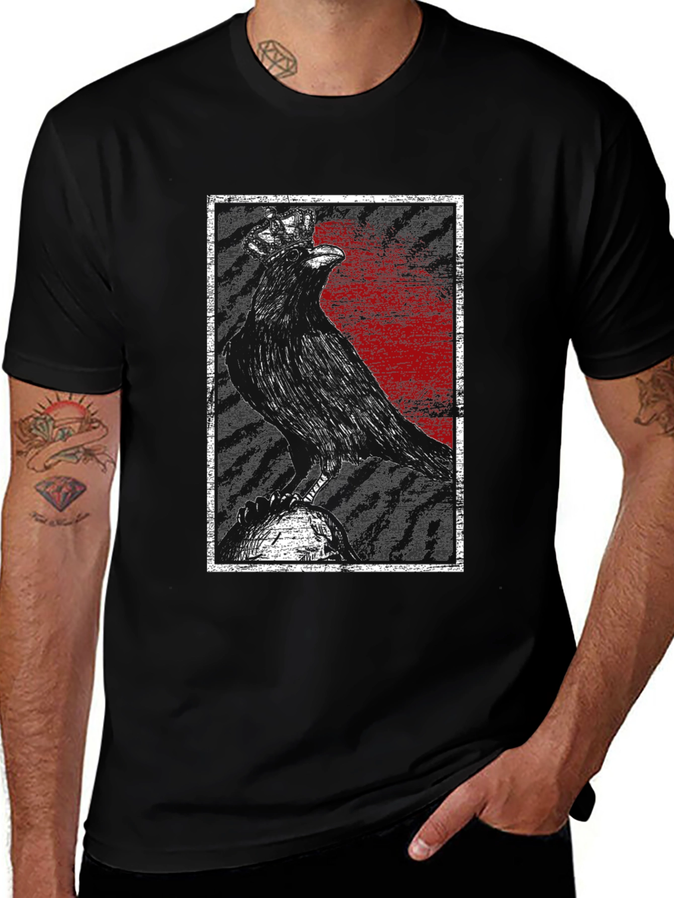 Variant 9 of Crowned Raven Graphic Tee - Dark Gothic Style