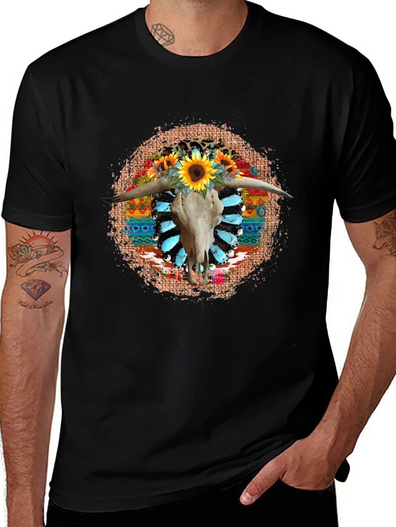Variant 25 of Rustic Steer Skull Sunflower Graphic Tee