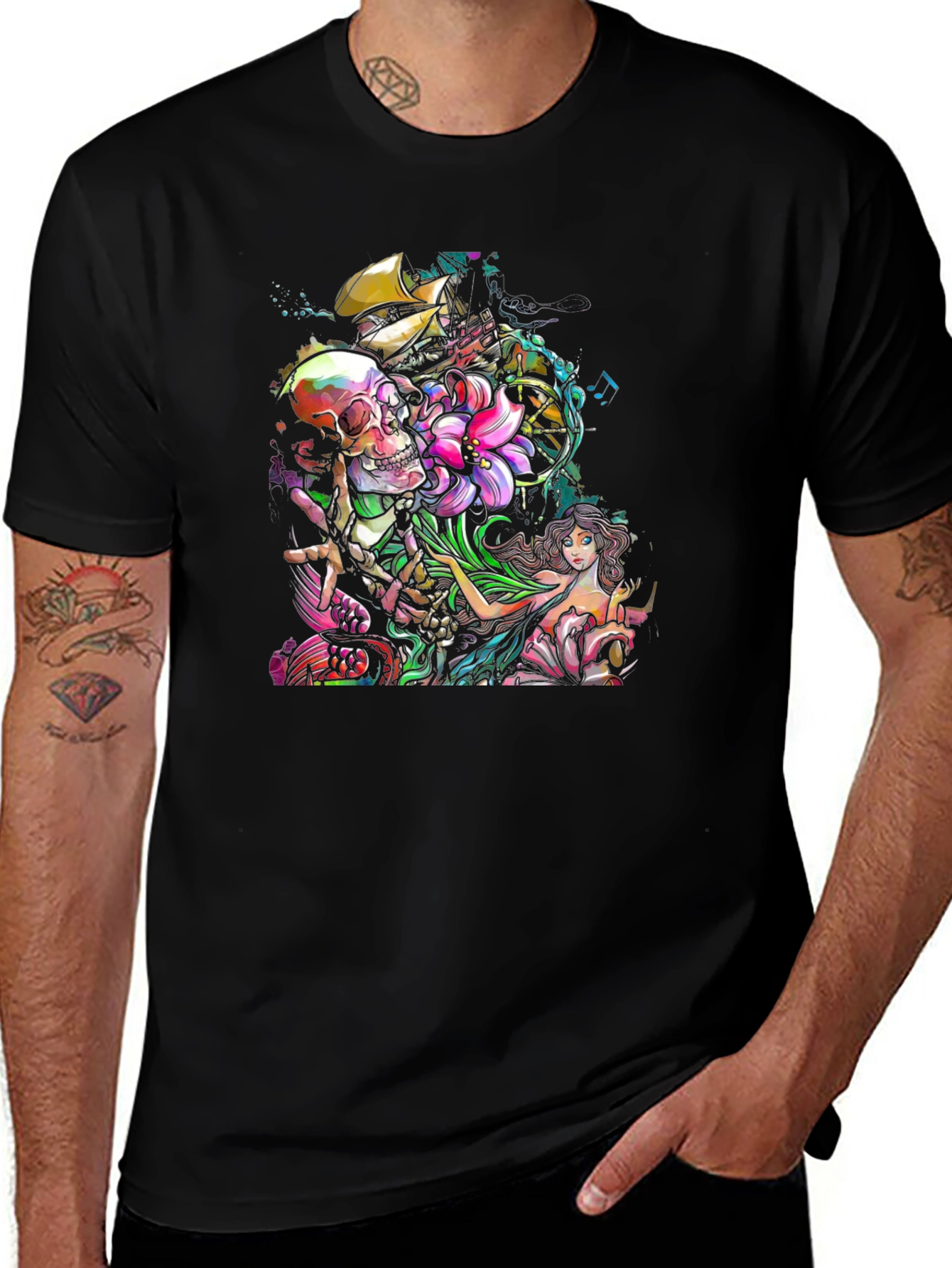 Variant 30 of Skull Mermaid Ship Graphic Print Black T-Shirt