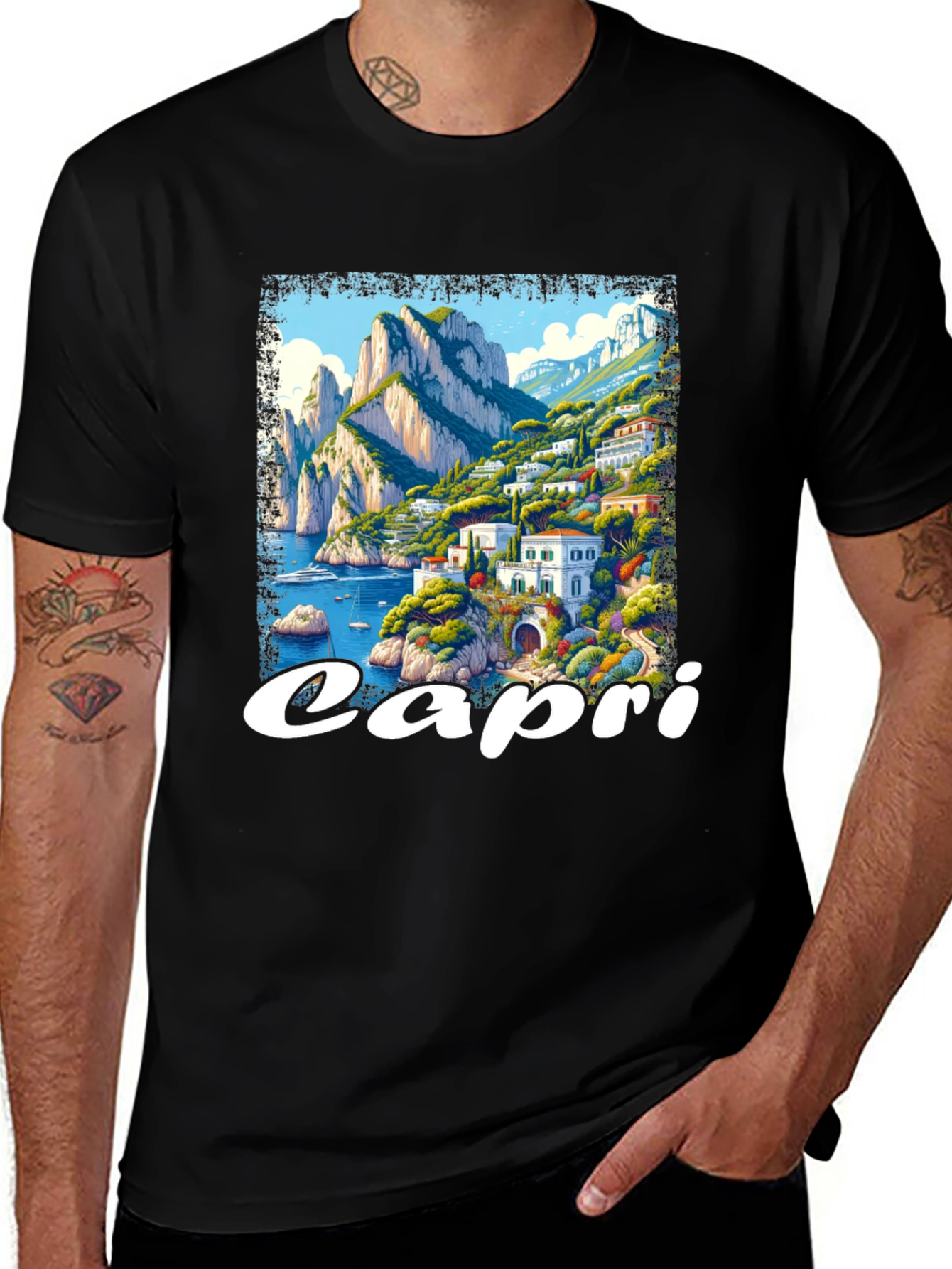 Capri Island Graphic Print Black T-Shirt