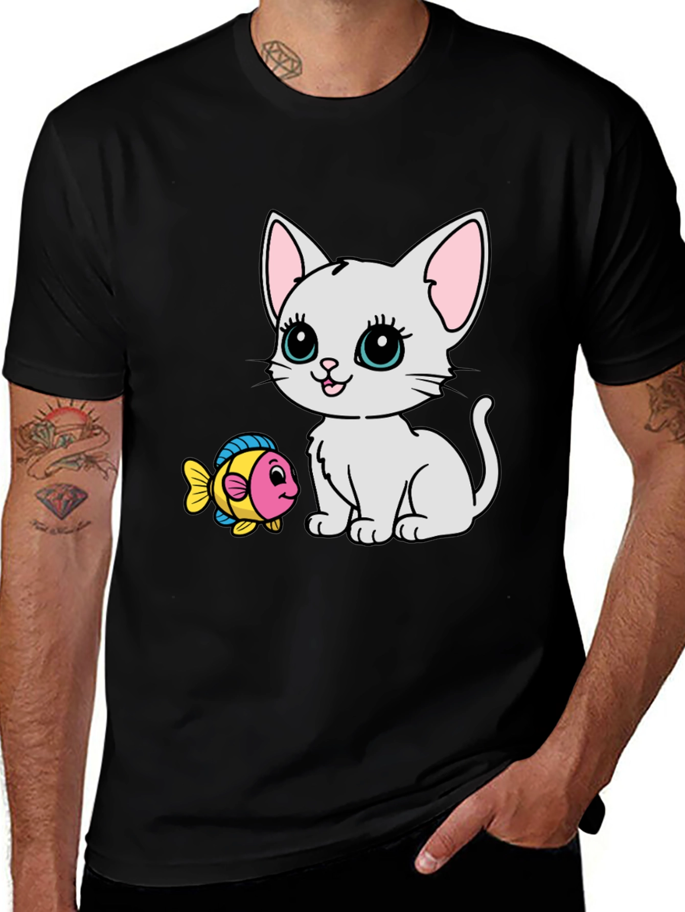 Variant 26 of Cute Cartoon Cat & Fish Graphic Tee - Black