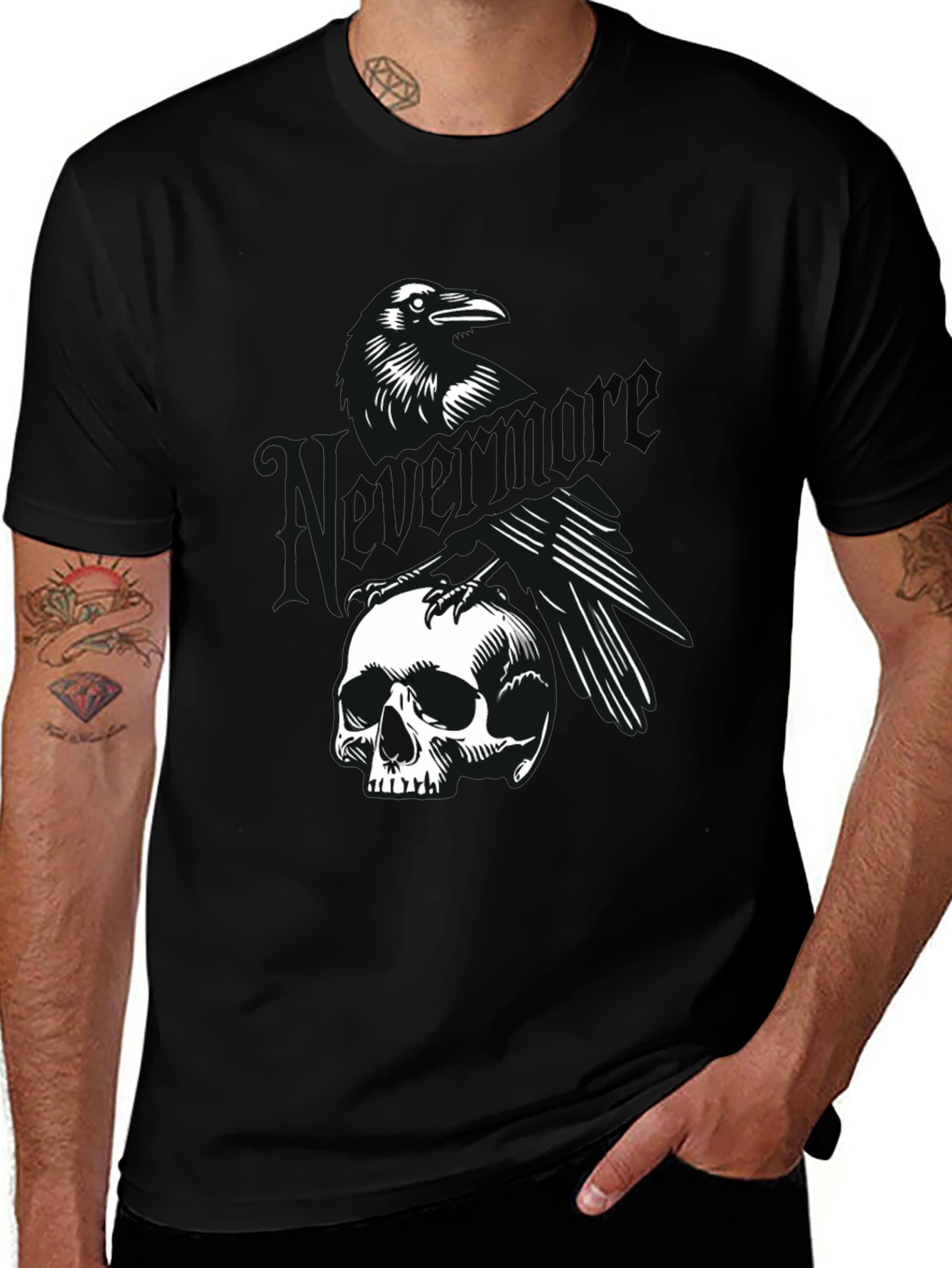 Variant 14 of Raven on Skull Black T-Shirt - Gothic Style