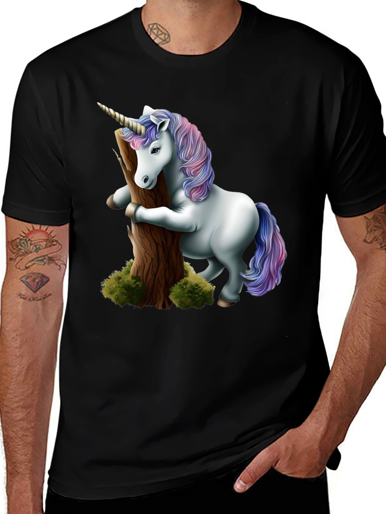 Unicorn Hugging Tree Black T-Shirt