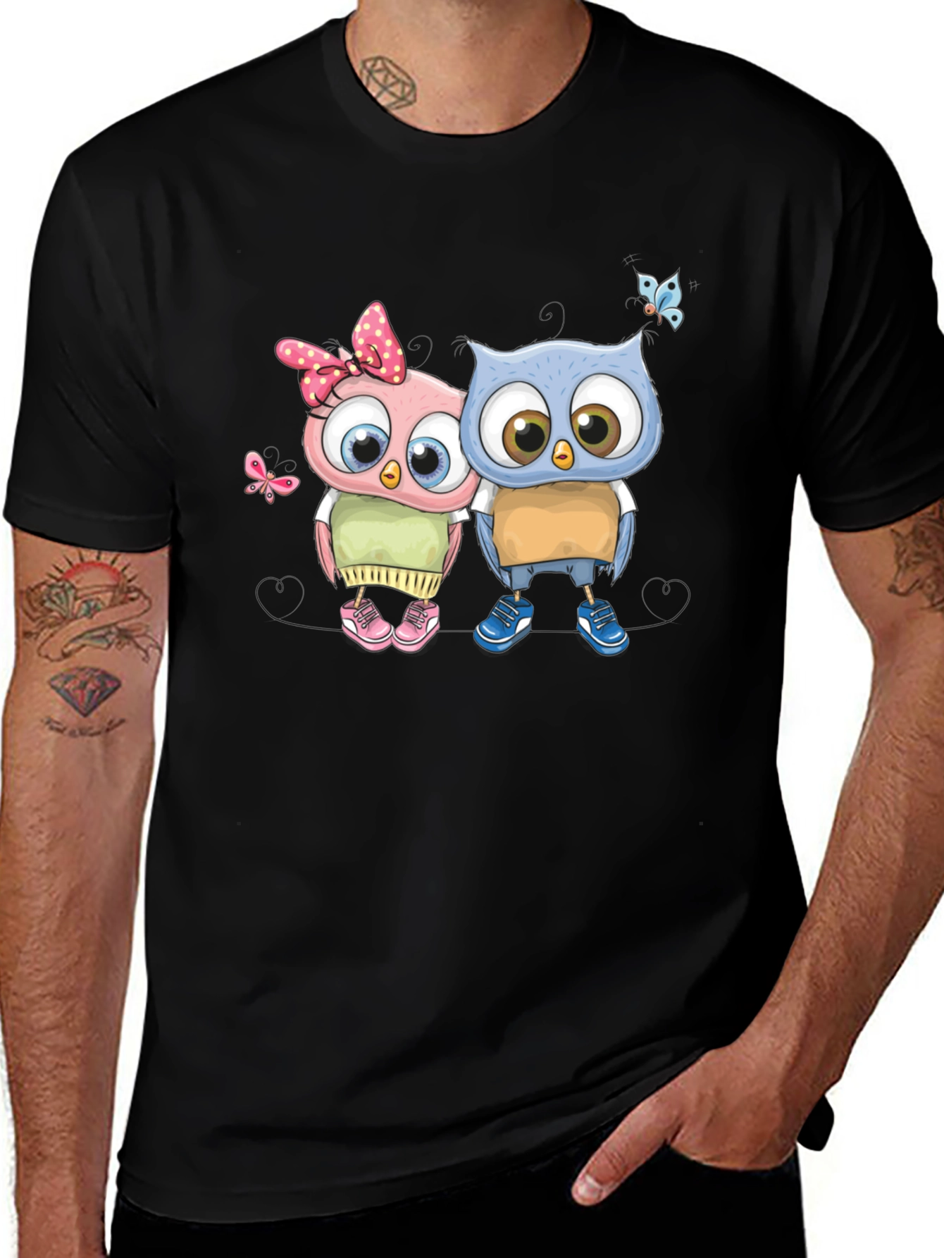 Variant 10 of Cute Cartoon Owl Couple Black T-Shirt