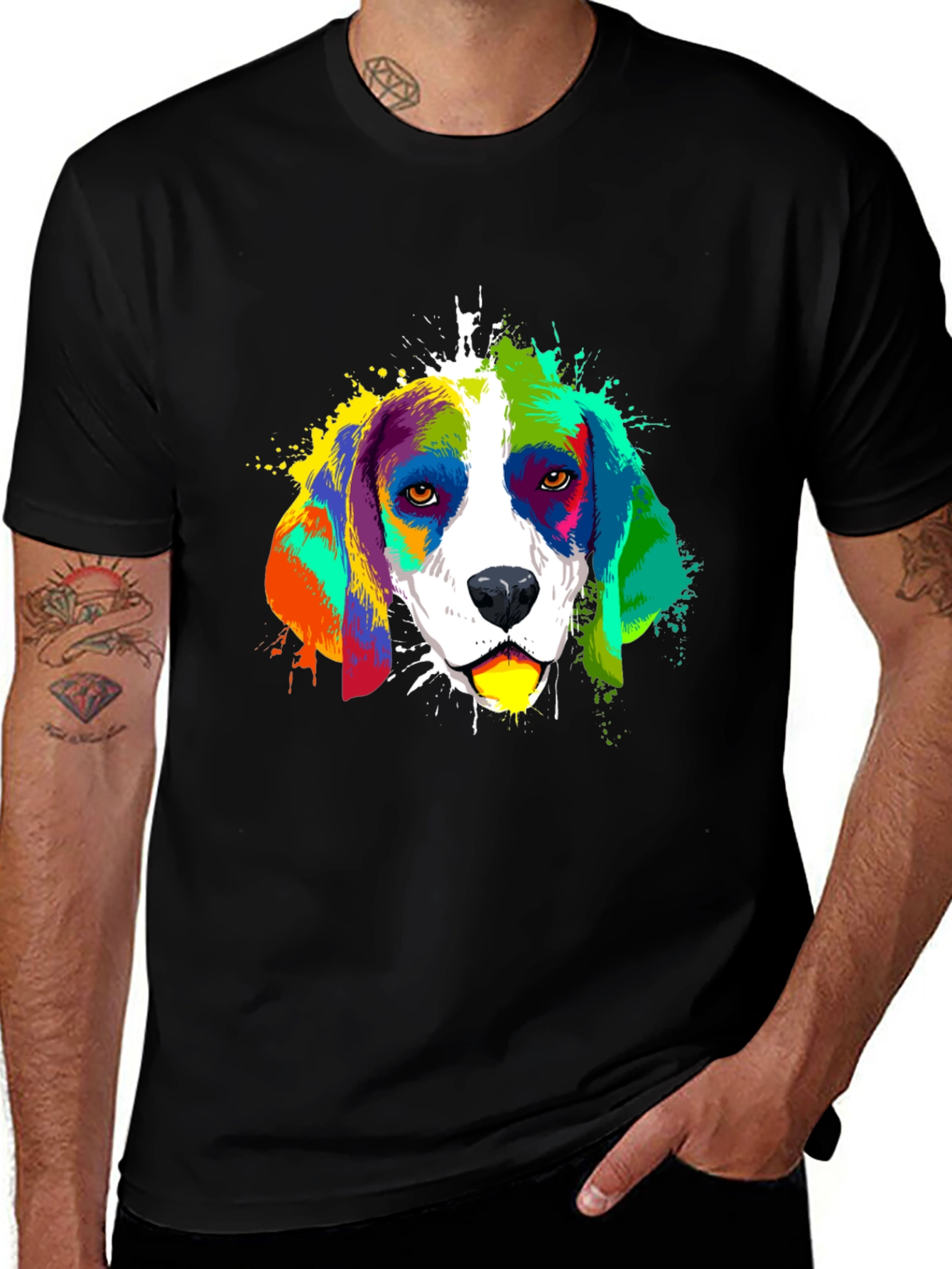 Variant 20 of Colorful Beagle Dog Graphic Black T-Shirt