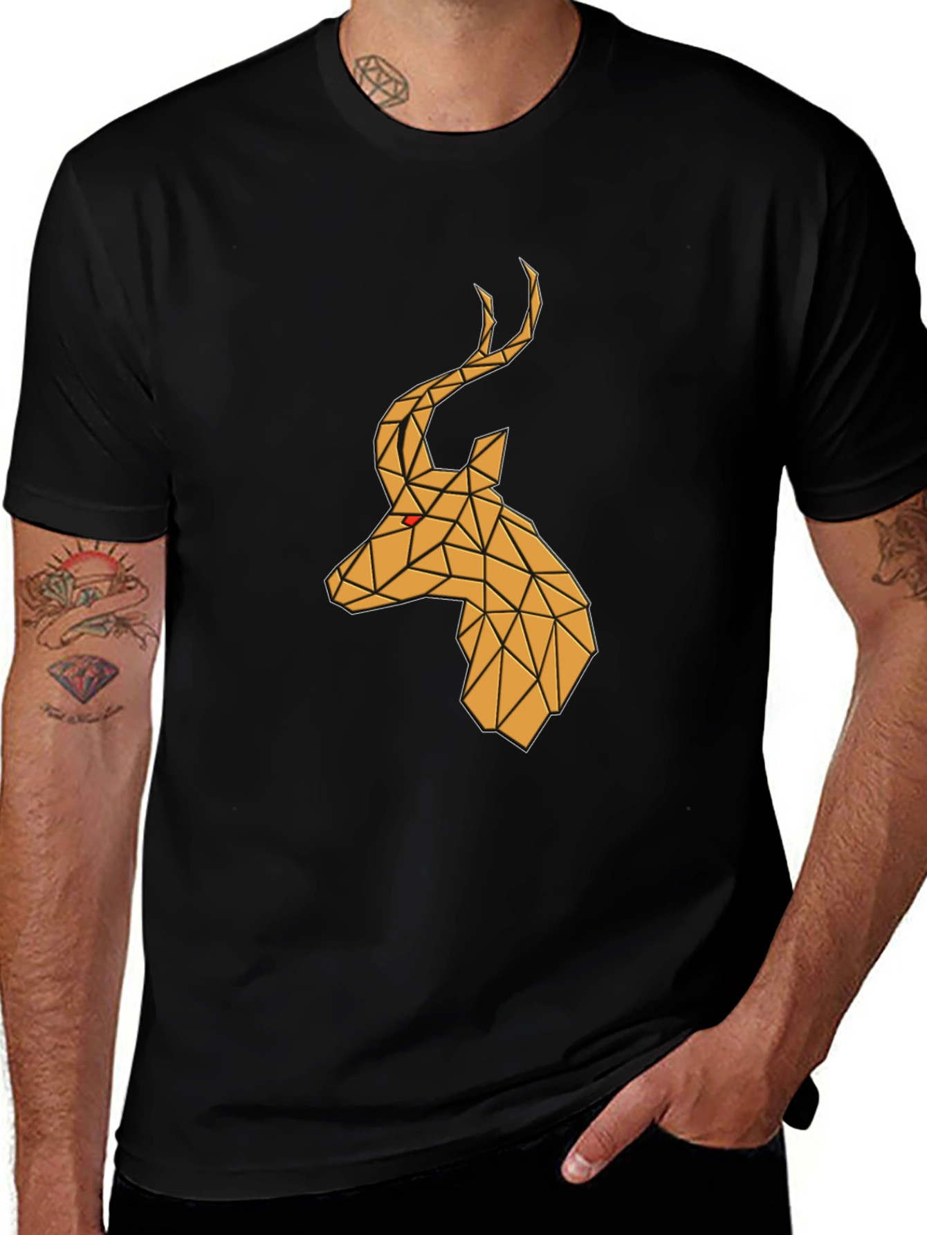 Geometric Deer Head Graphic Tee - Black