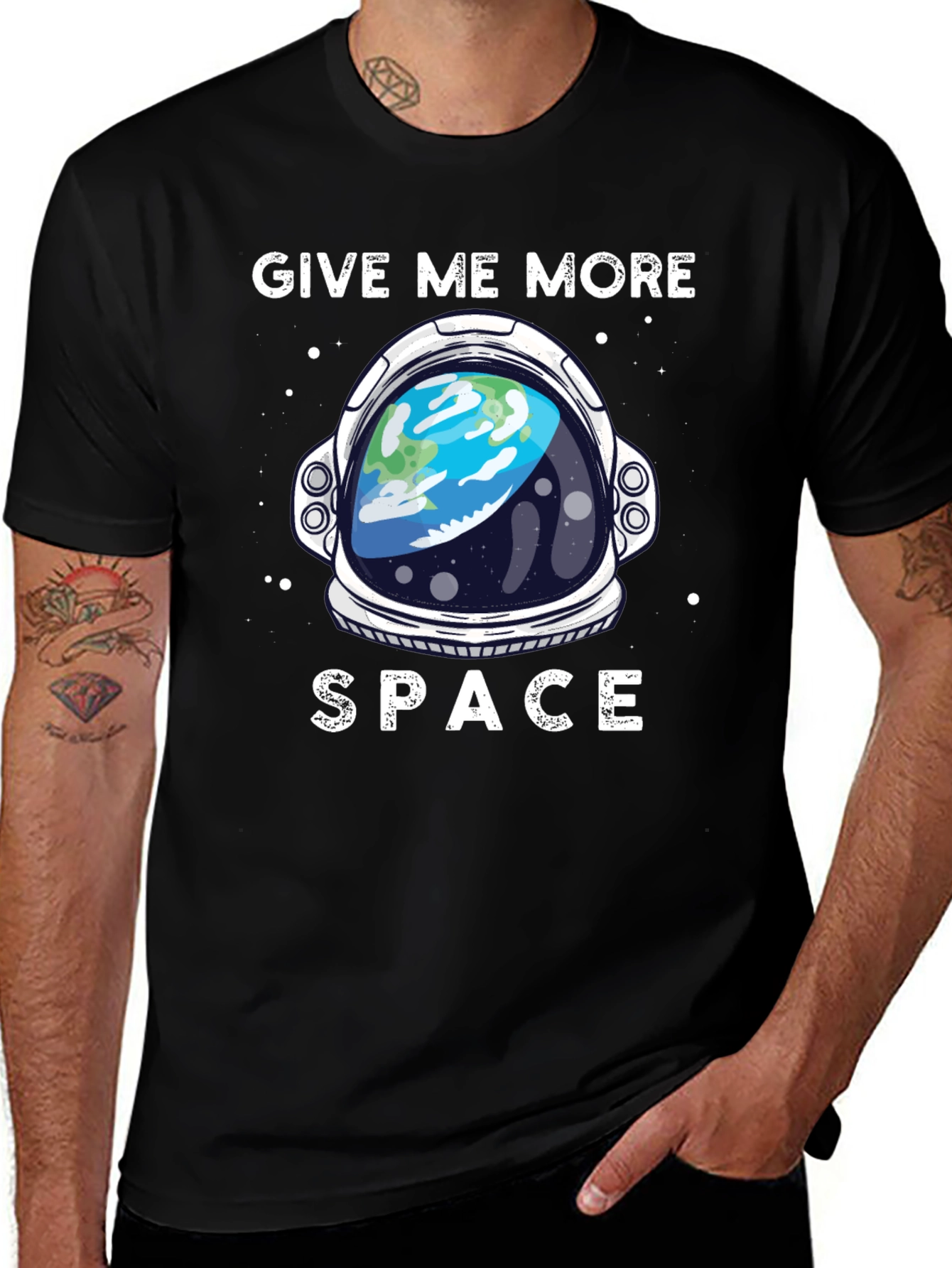 Black Give Me More Space T-Shirt - Astronaut Helmet Earth Design main image