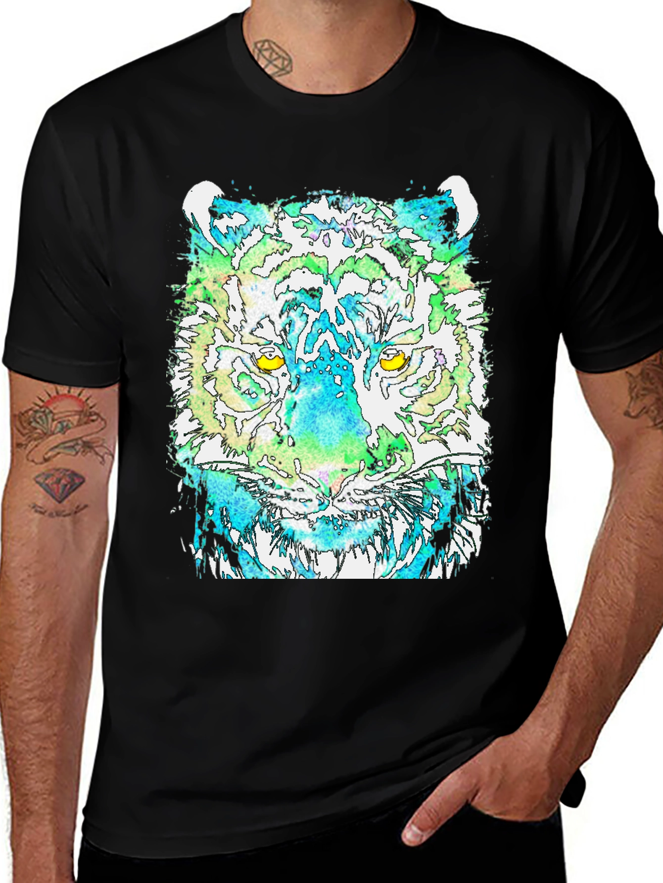 Variant 5 of Watercolor Tiger Graphic Print Black T-Shirt