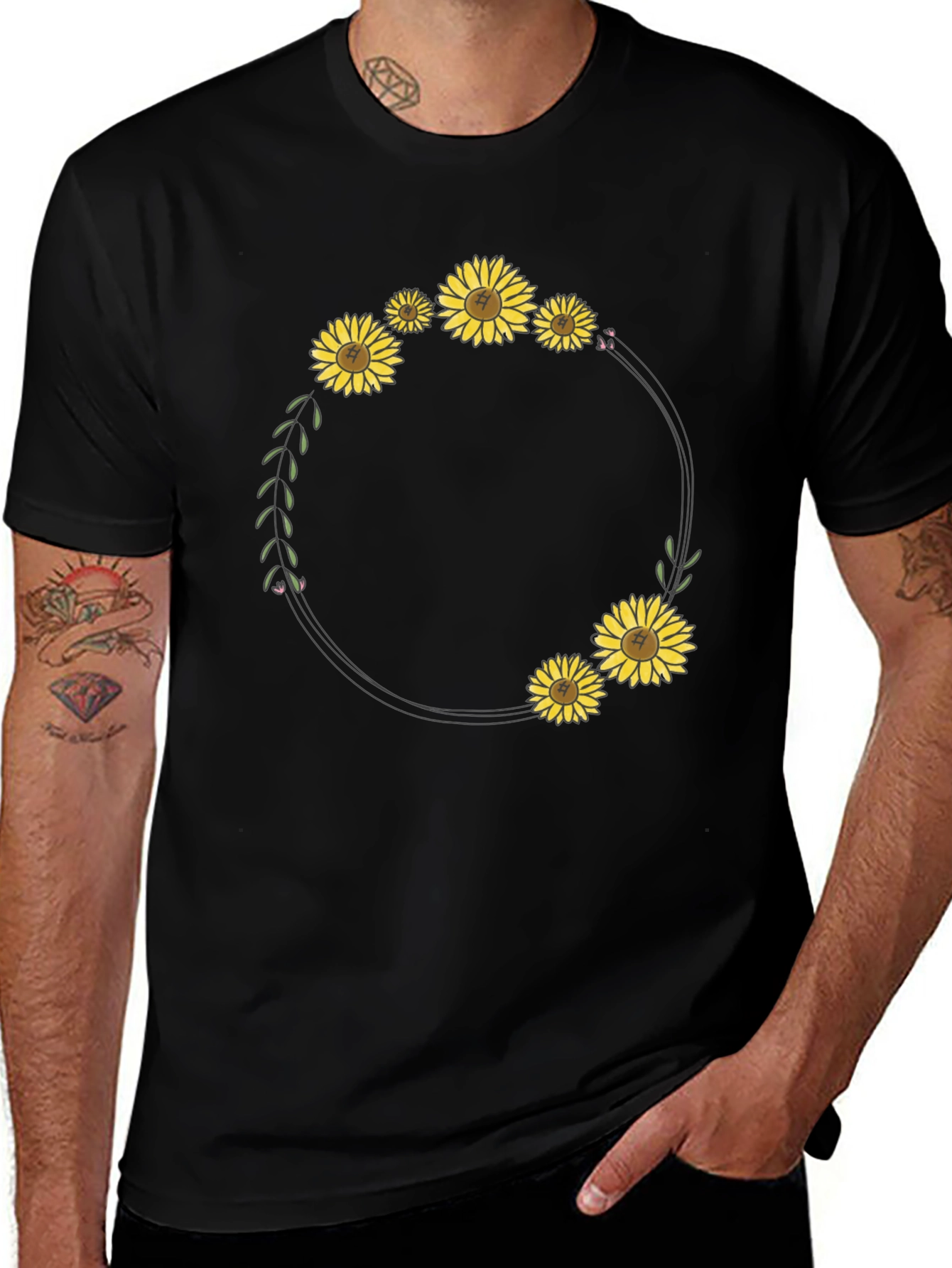 Variant 23 of Sunflower Wreath Graphic Black T-Shirt