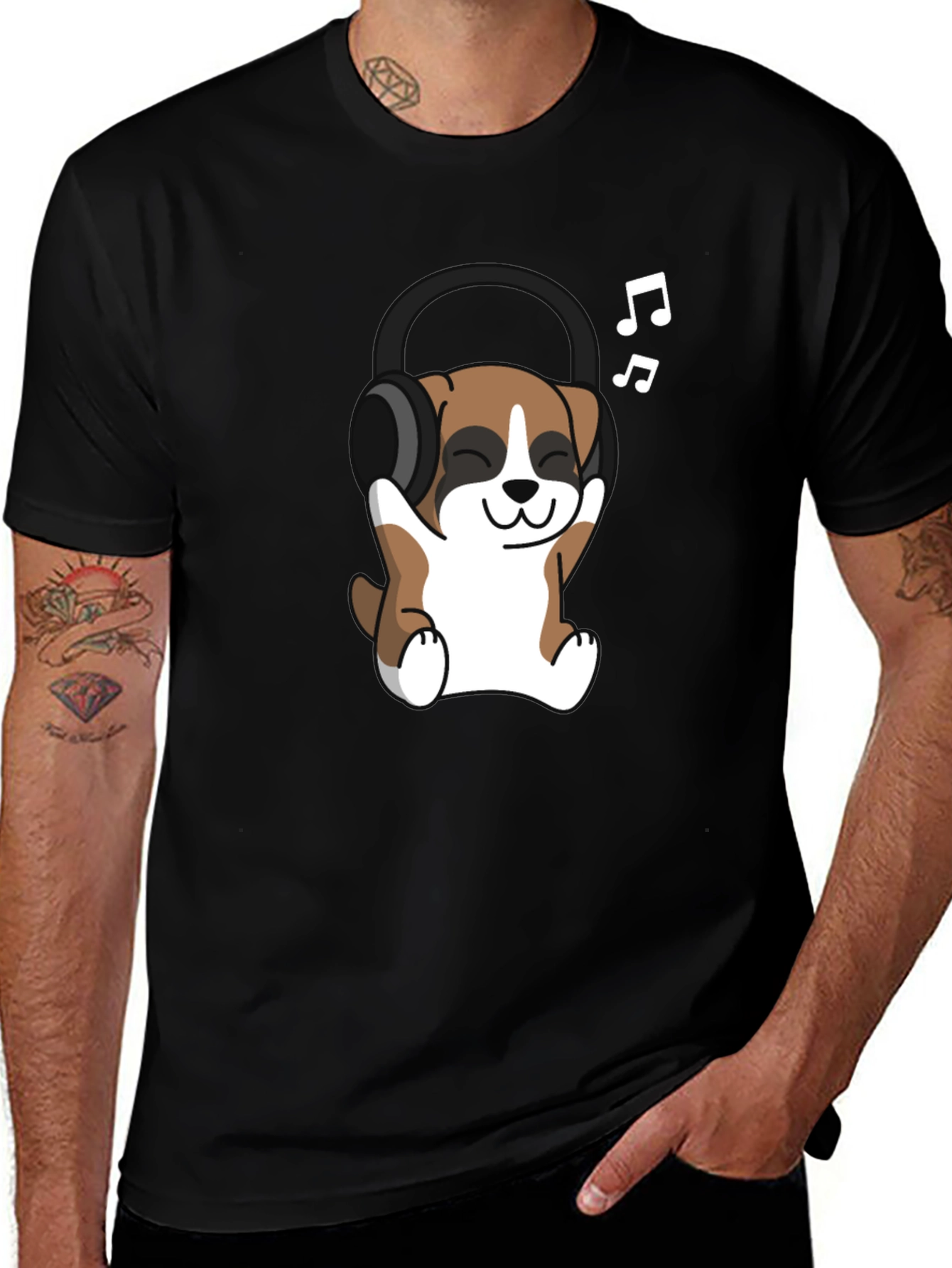 Variant 29 of Cute Dog with Headphones Graphic Tee - Black Cotton T-Shirt