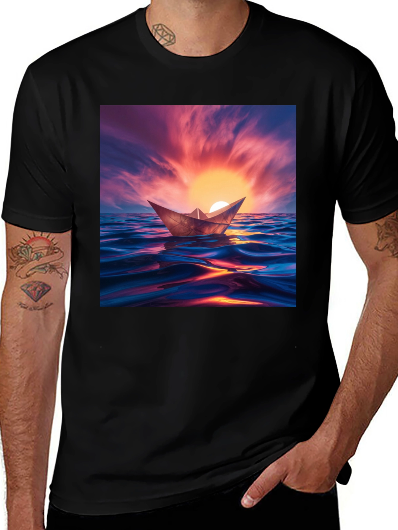 Variant 15 of Sunset Paper Boat Black T-Shirt
