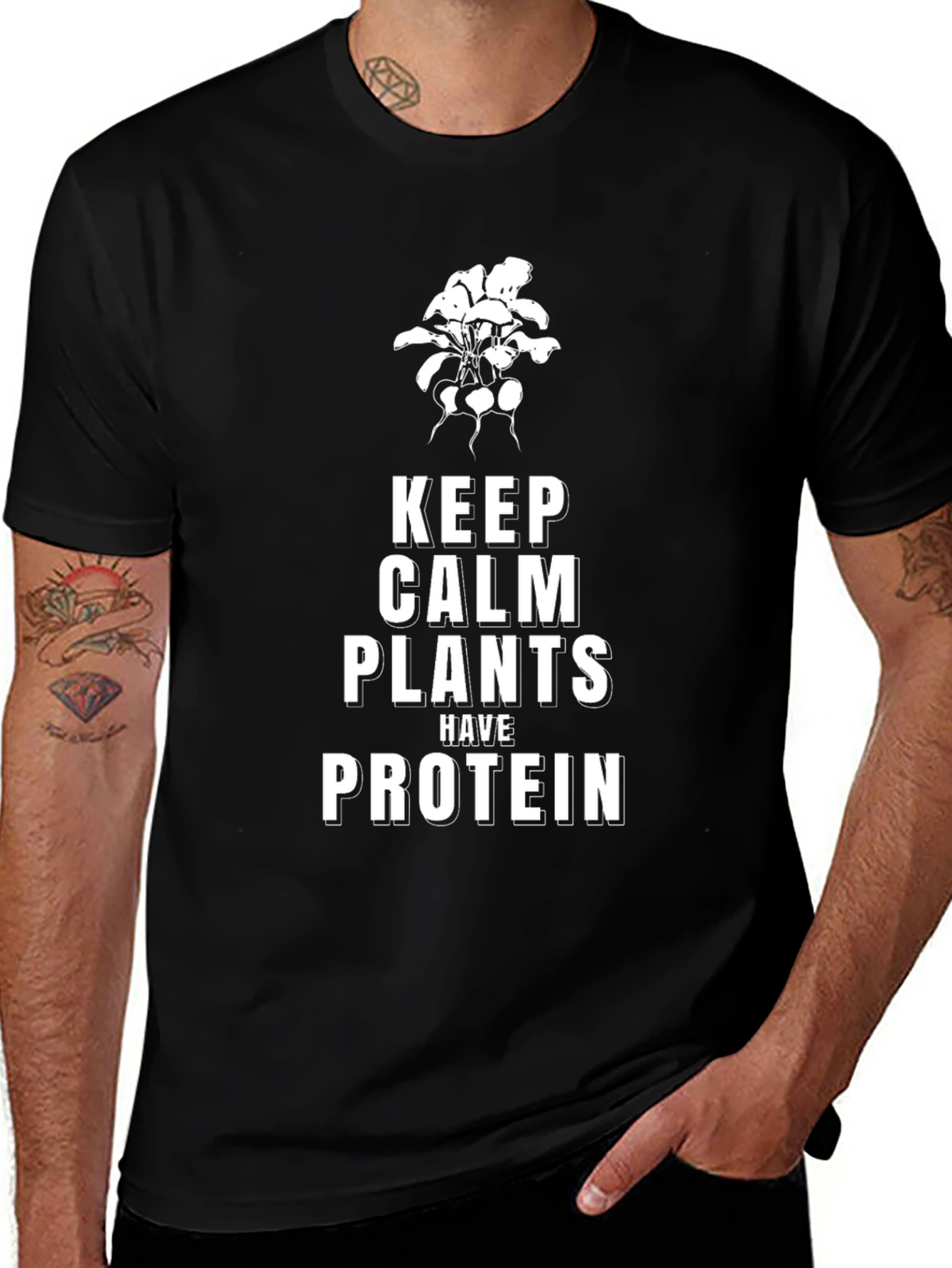 Variant 23 of Keep Calm Plants Have Protein Black Graphic T-Shirt