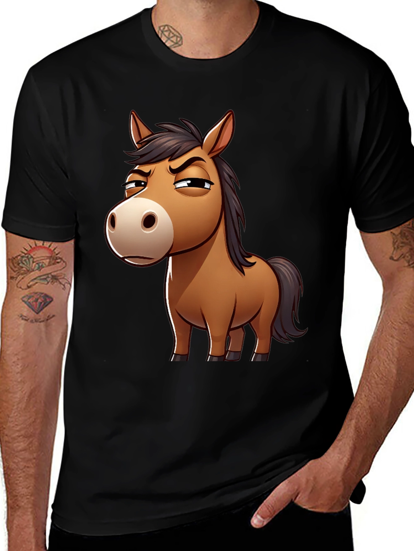 Variant 30 of Funny Grumpy Horse Cartoon Black T-Shirt