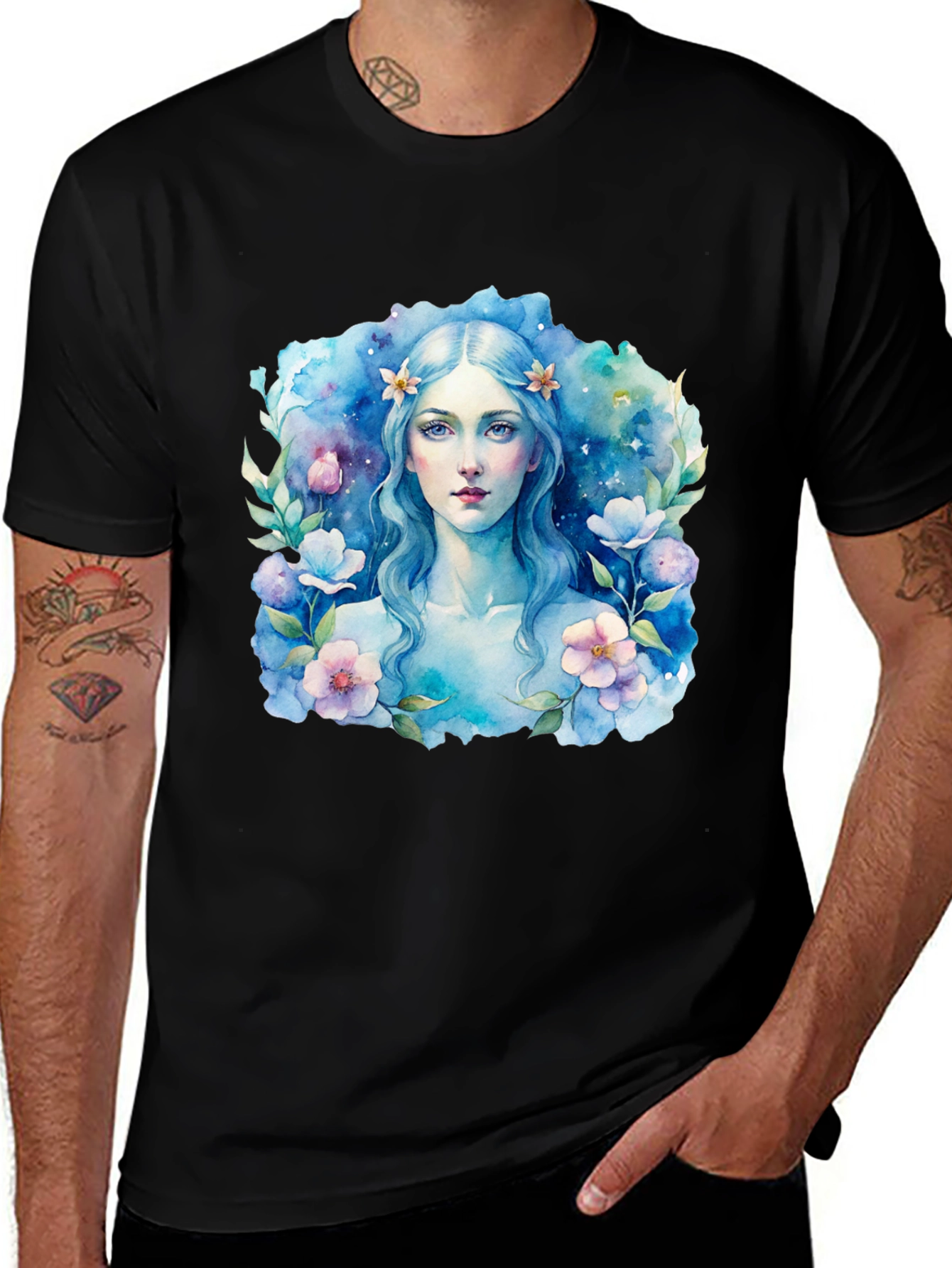 Variant 28 of Floral Watercolor Woman Graphic Tee - Black T-Shirt