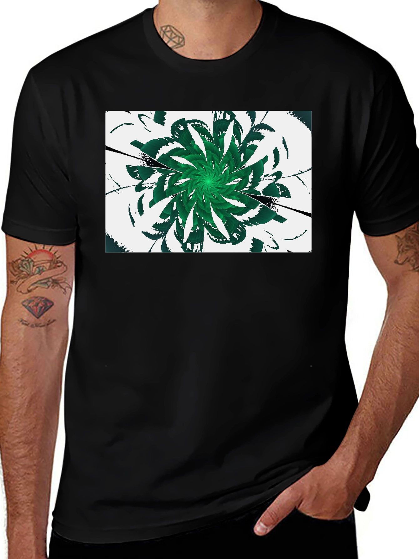 Variant 21 of Green Floral Swirl Graphic Black T-Shirt
