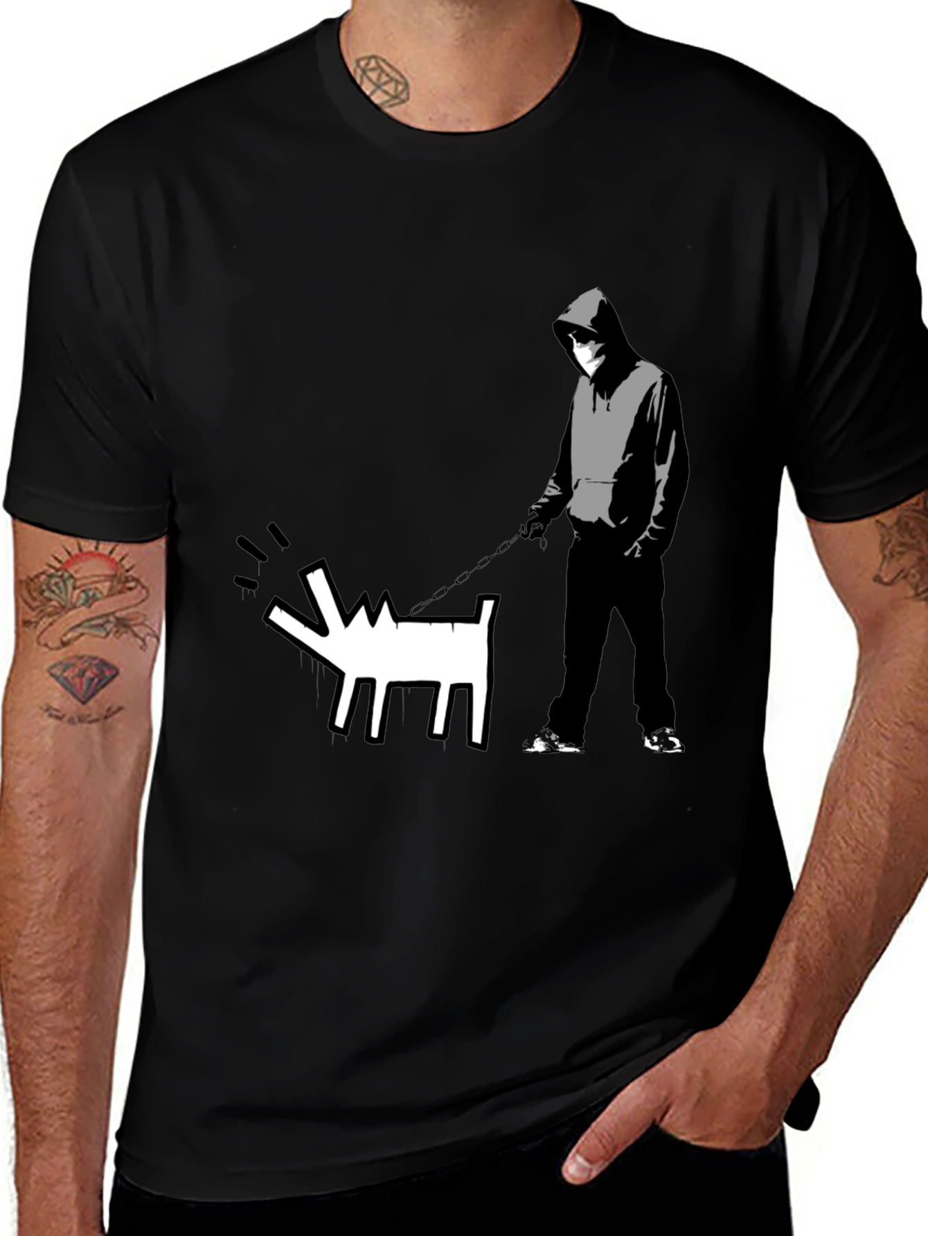 Variant 4 of Banksy Inspired Dog Walker Black T-Shirt
