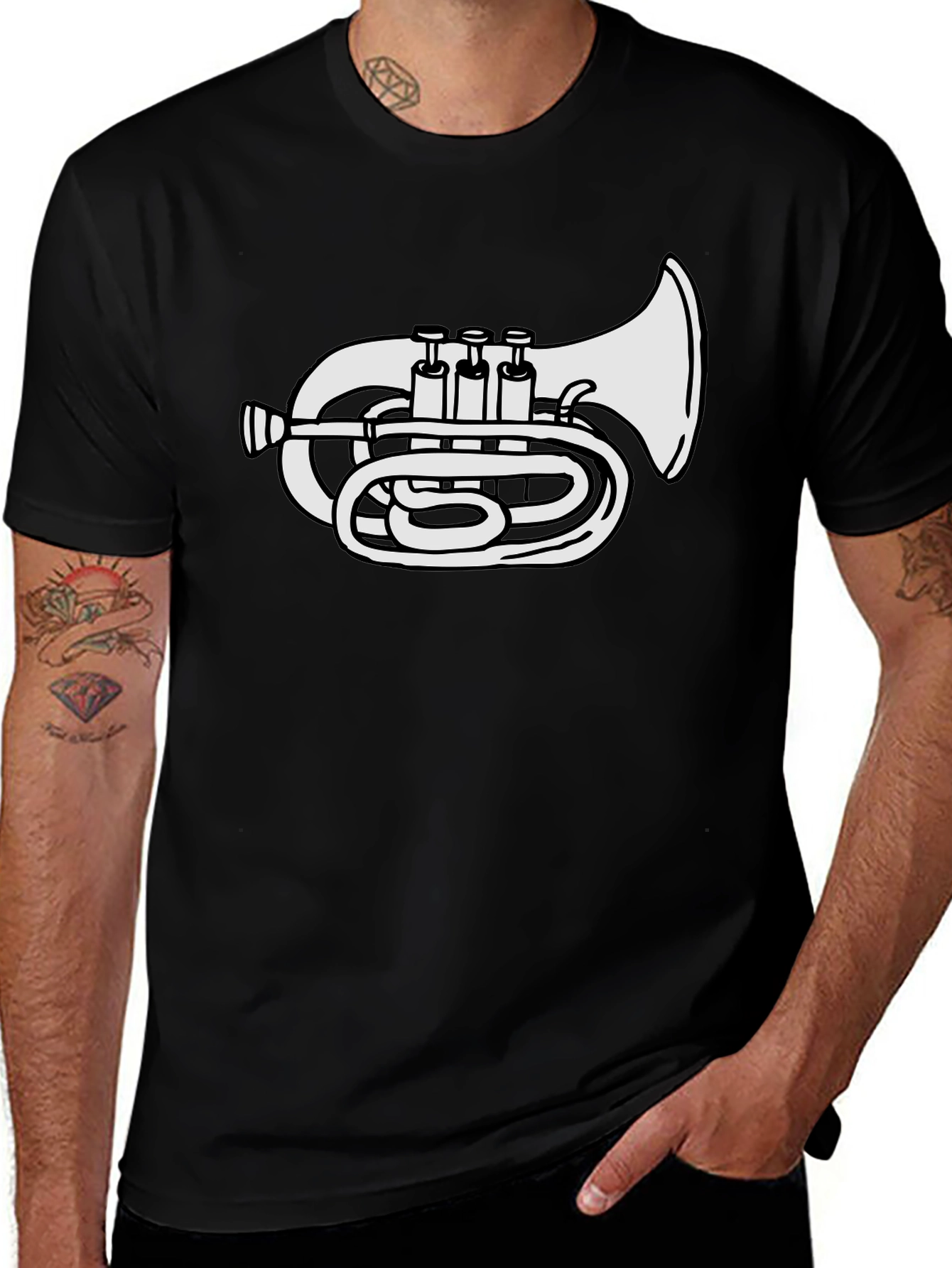 Black T-Shirt with White Cornet Graphic