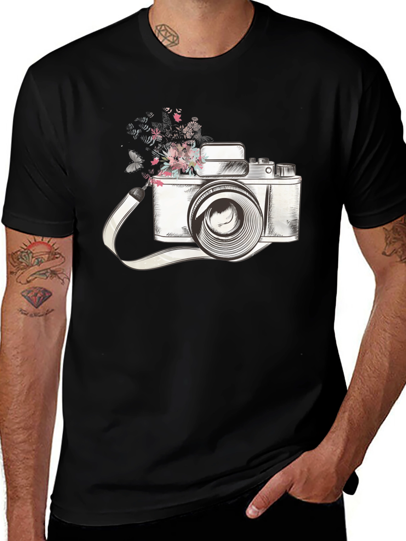 Variant 8 of Vintage Camera Floral Black T-Shirt