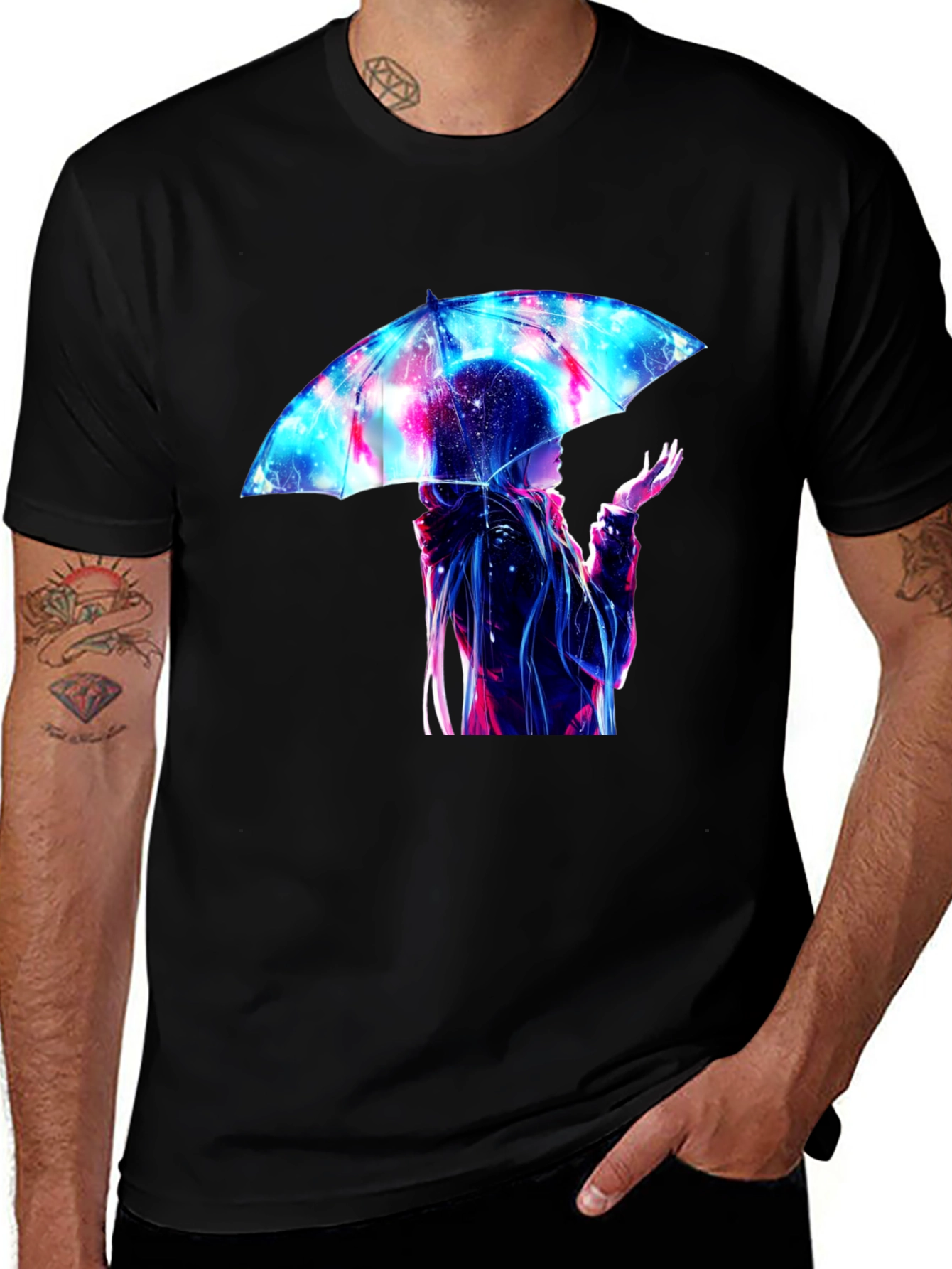 Variant 27 of Anime Umbrella Galaxy Print Black T-Shirt