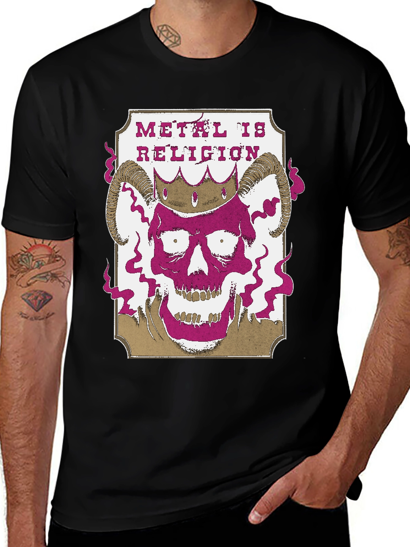 Metal is Religion T-Shirt - Skull and Horns Graphic Tee