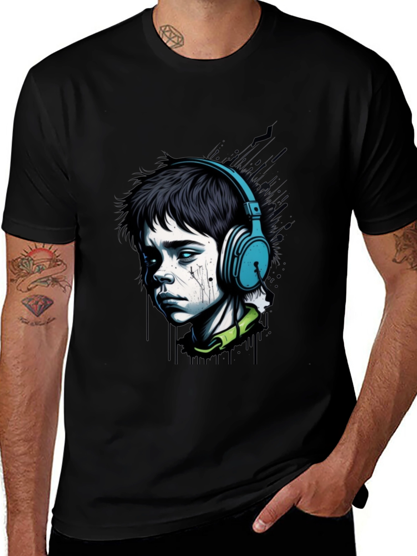 Variant 10 of Edgy Boy with Headphones Graphic Tee - Black