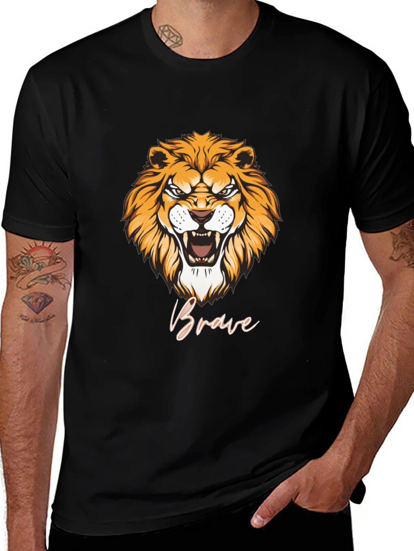 Variant 23 of Brave Lion Graphic Print Black T-Shirt