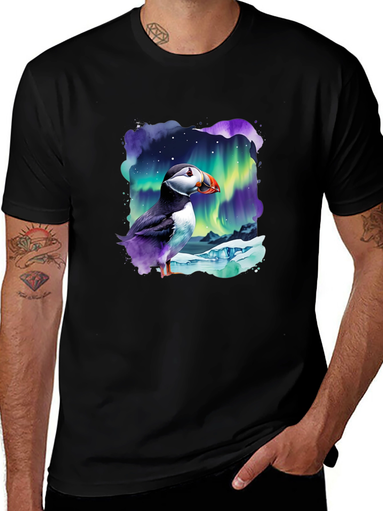 Puffin Aurora T-Shirt - Northern Lights Design