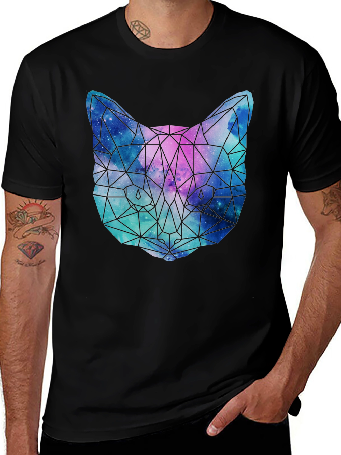 Variant 13 of Geometric Galaxy Cat T-Shirt - Unisex Black Tee