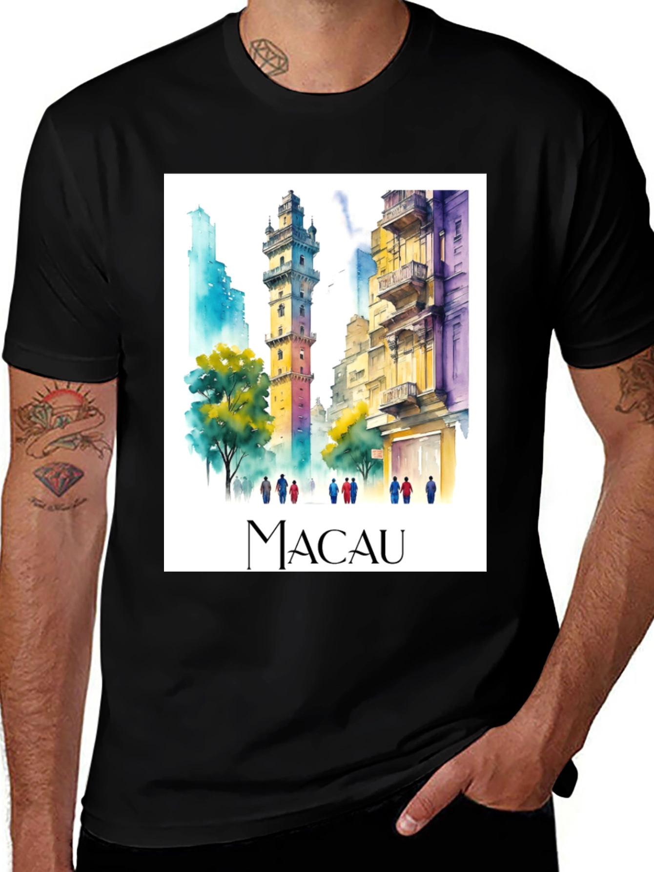 Variant 9 of Macau Cityscape Watercolor T-Shirt - Unisex