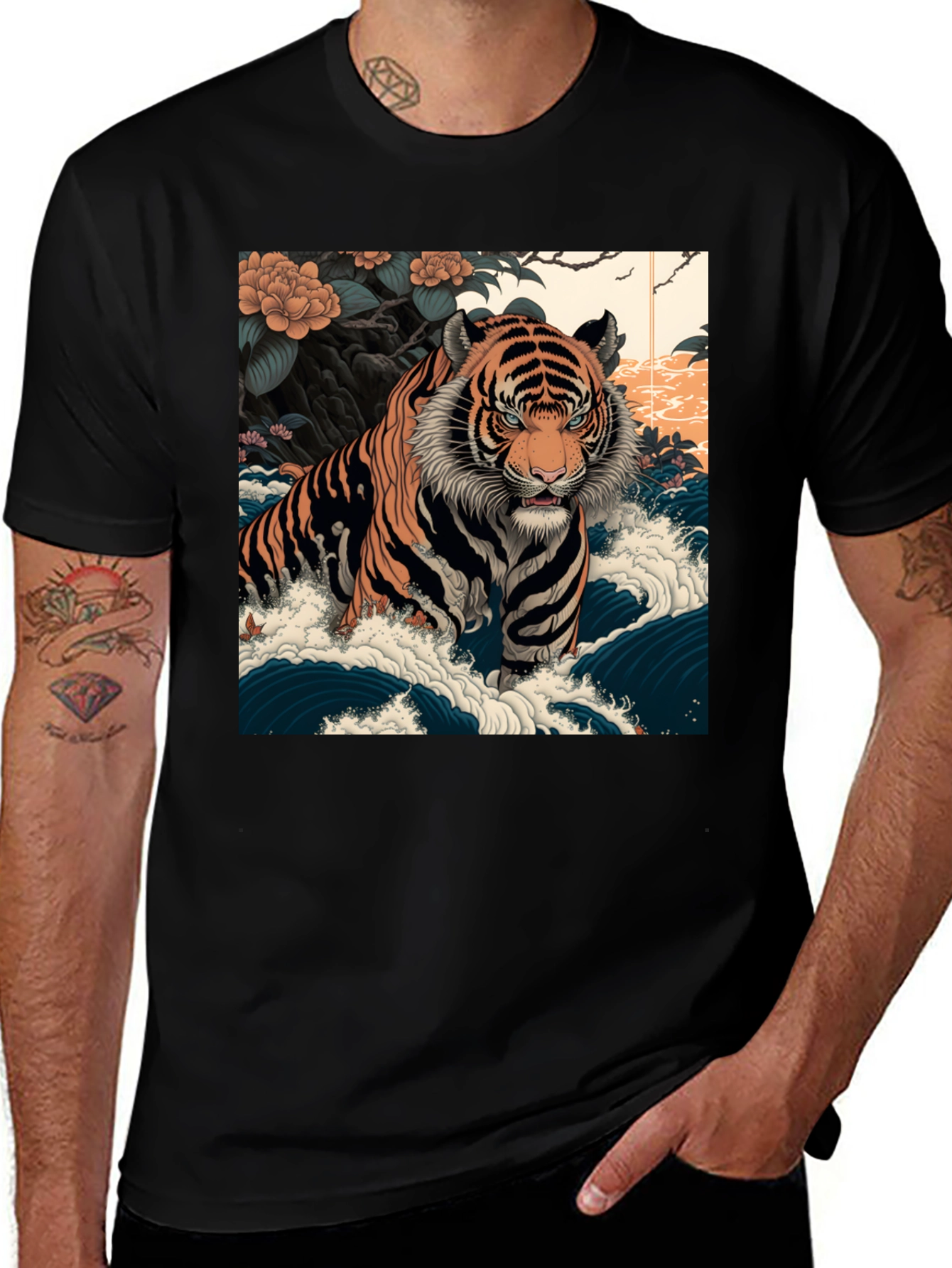 Tiger Wave Graphic Tee - Men's Black T-Shirt