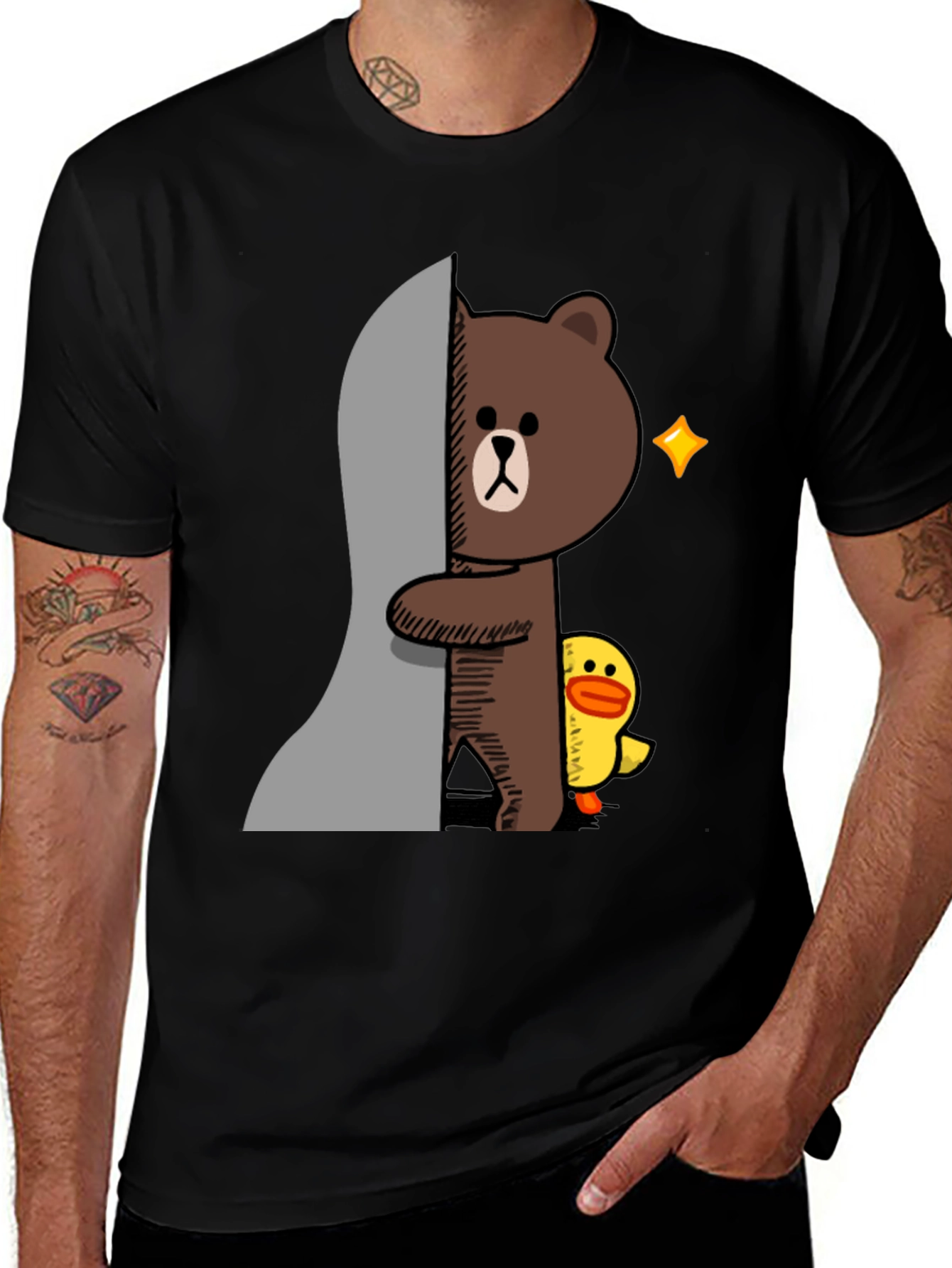 Variant 14 of Cartoon Bear & Duck Graphic Black T-Shirt