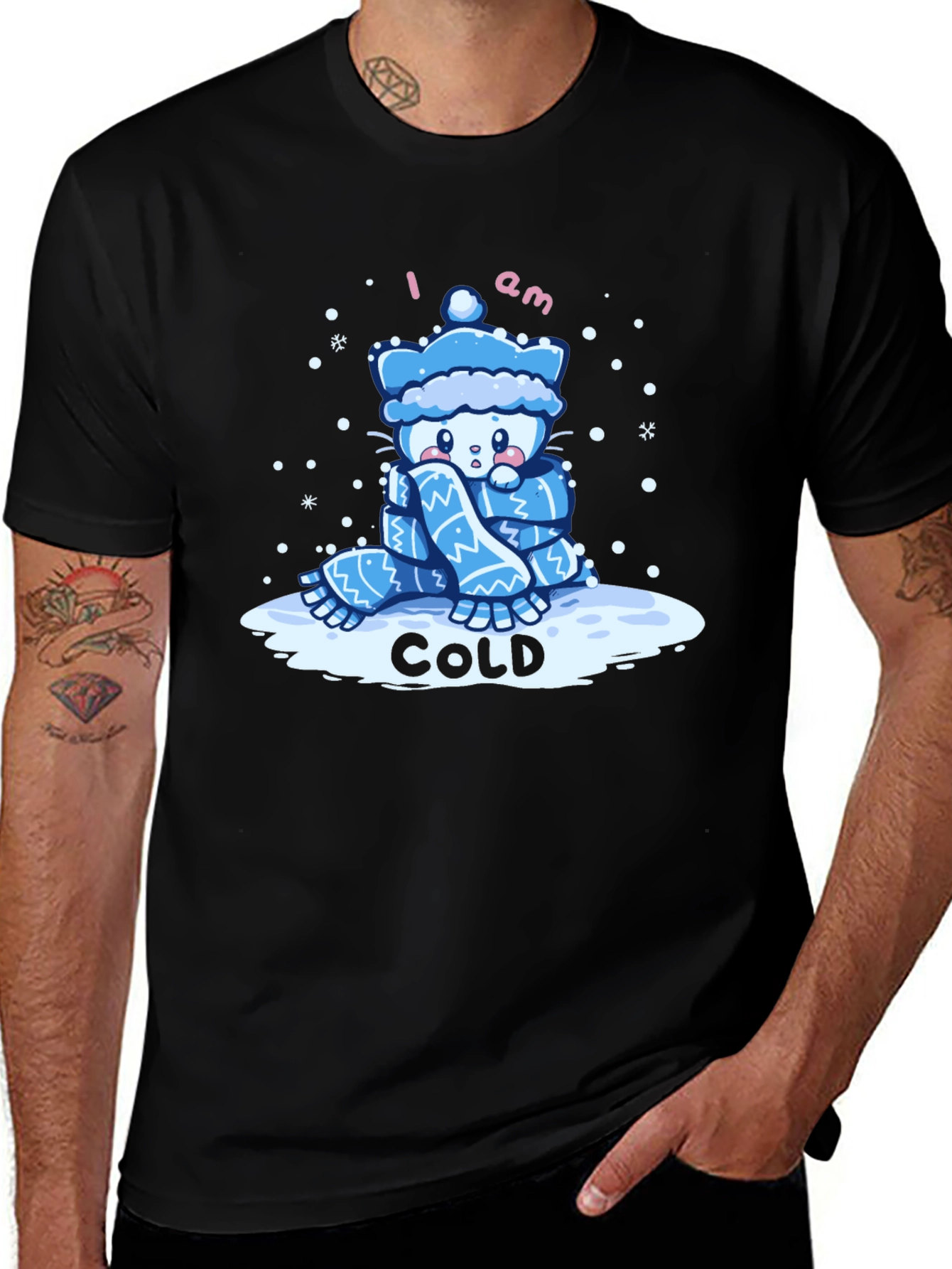 Variant 12 of Cute 'I Am Cold' Cartoon Cat Black T-Shirt