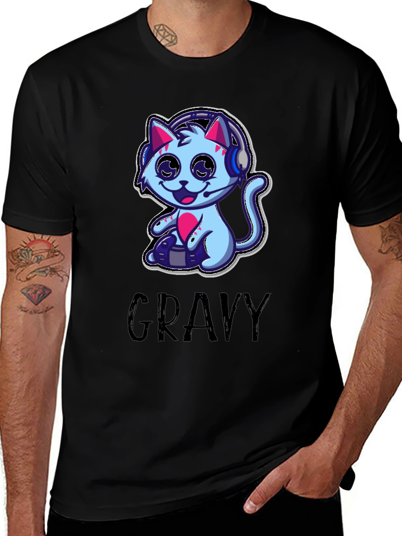 Variant 21 of Gaming Cat 'Gravy' Black T-Shirt